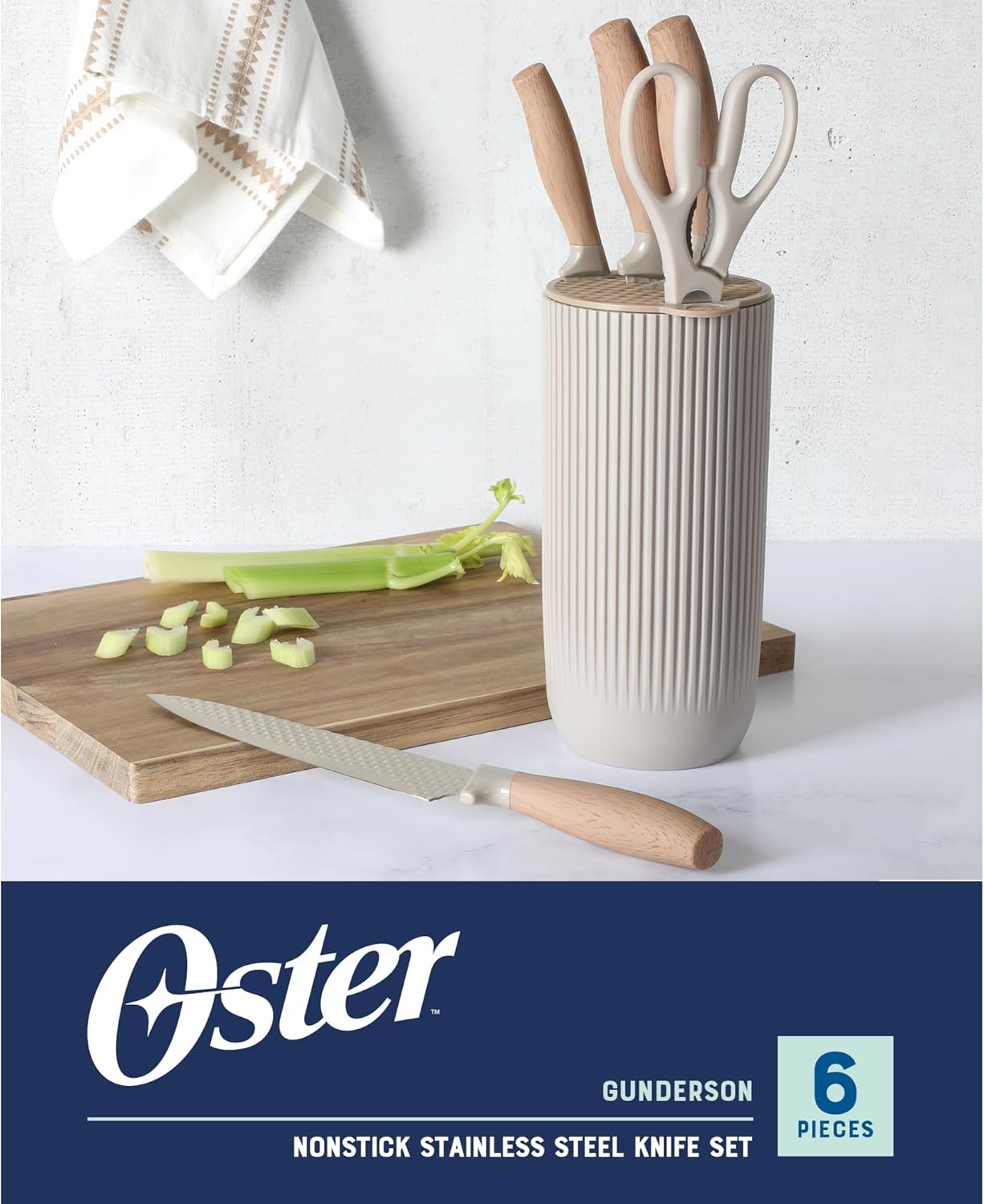 Oster Gunderson 6-Piece Kitchen Knife Block Set, Stainless Steel Kitchen Knife Set With Sharp Blades and Wooden Block