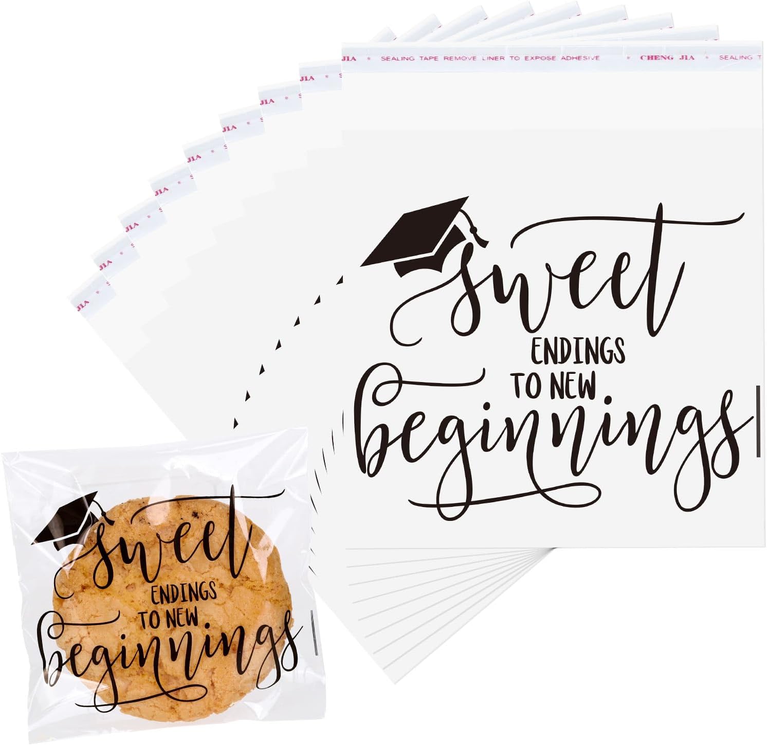 FYSUIMU 320 Pcs 2026 Graduation Cellophane Bag Sweet Endings to New Beginnings Self-Adhesive Treat Bags Clear Flat Candy Cookie Bags 4 x 4 Inch for Congrats Grad School Party Supplies