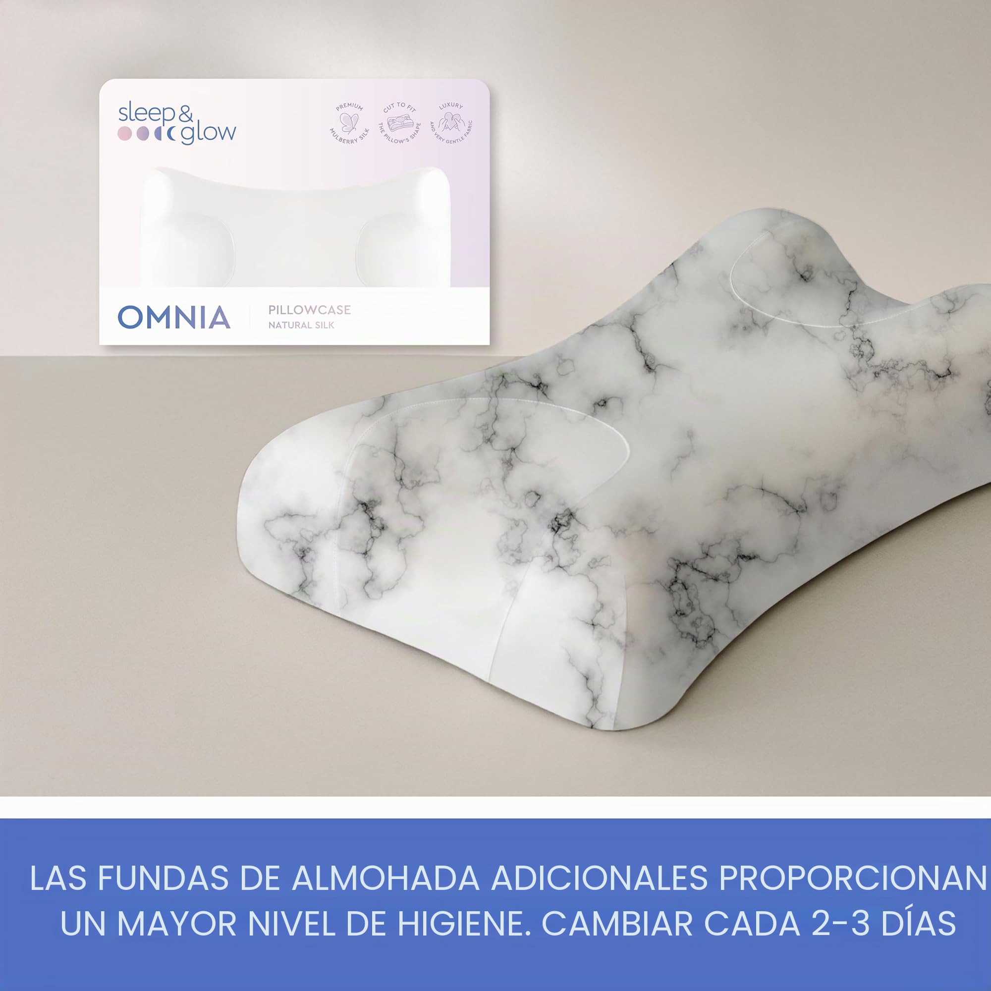 Sleep&Glow Omnia - Funda de Almohada de Seda Natural Antiarrugas para el Cuidado del Cabello y la Piel, 19 mm, Morera de Grado 6A, Mármol Blanco
