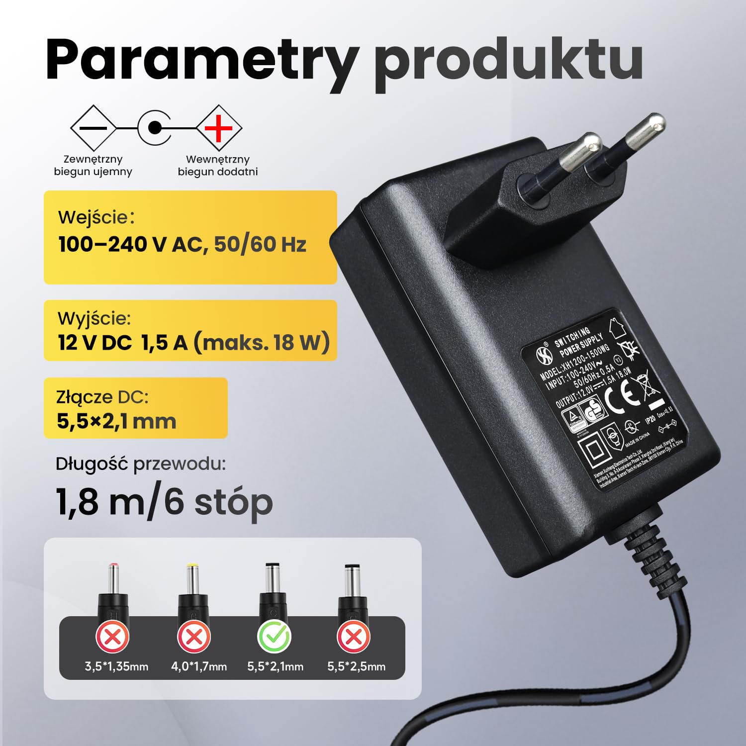 Zasilacz 12 V 1,5 A 18 W 1,8 m, adapter przełącznika AC DC (wejście 100-240 V, wyjście 12 V 1,5 A), gniazdo transformatora do montażu na ścianie DC 12 V 5,5 x 2,1 mm, znak CE