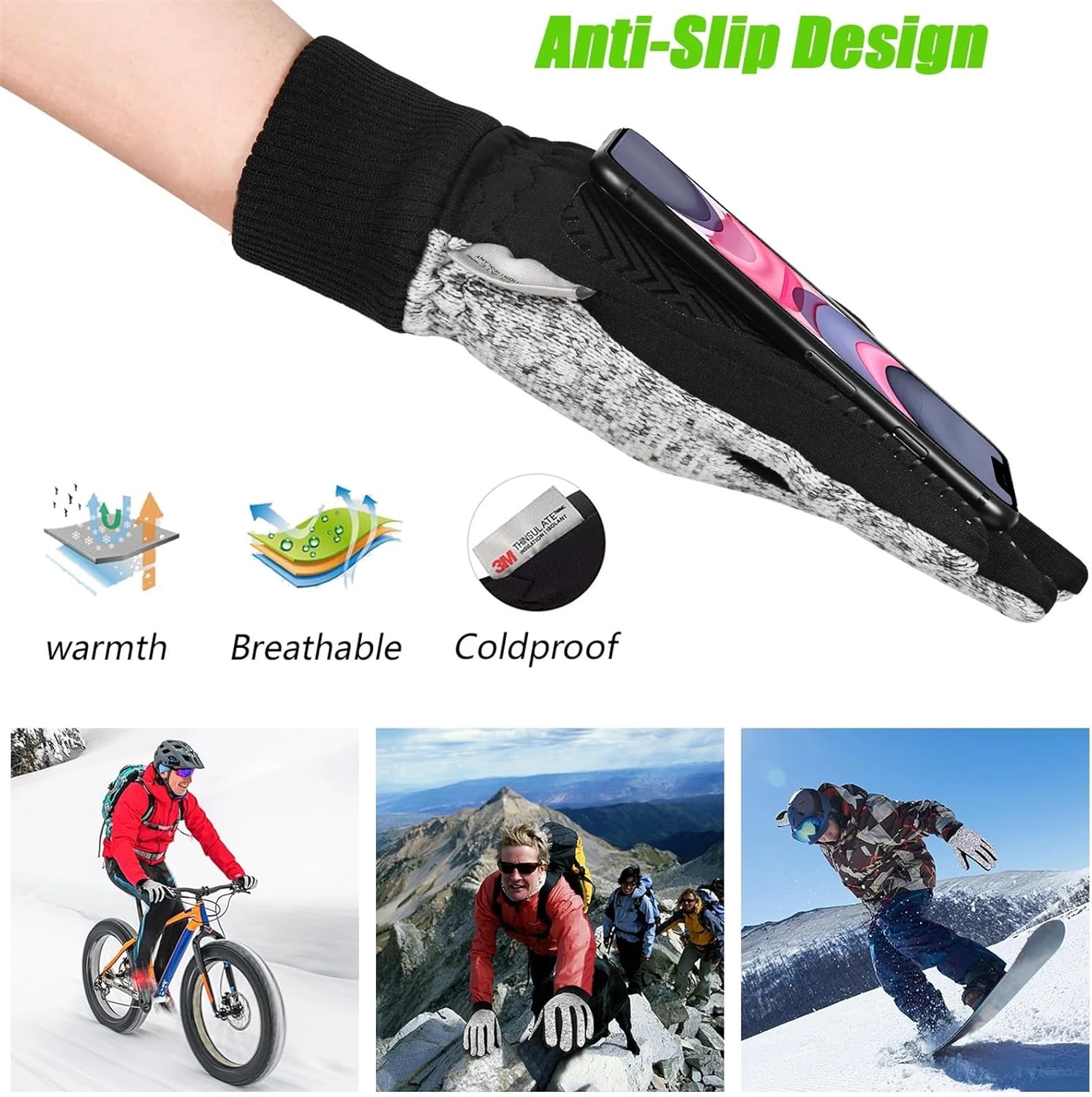 Waterproof Ski & Snow Gloves Coldproof Touchscreen Gloves Anti Slip Warm Gloves Windproof Winter Snowboard Gloves for Men & Women for Walking Snowboarding Hiking Outdoor(Black,XL)