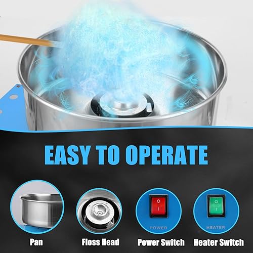 Miniatura 3 de Máquina comercial de algodón de azúcar con carrito azul 1100 W, máquina eléctrica de hilo dental para niños con cuenco de acero inoxidable de 20