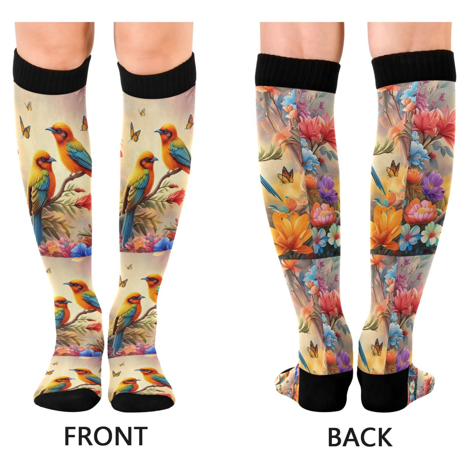 Wassud Two Birds Colorful Flowers Compression Socks for Women and Men 20-30 mmHg Knee High Socks for Nurses Travel Socks 2 Pair