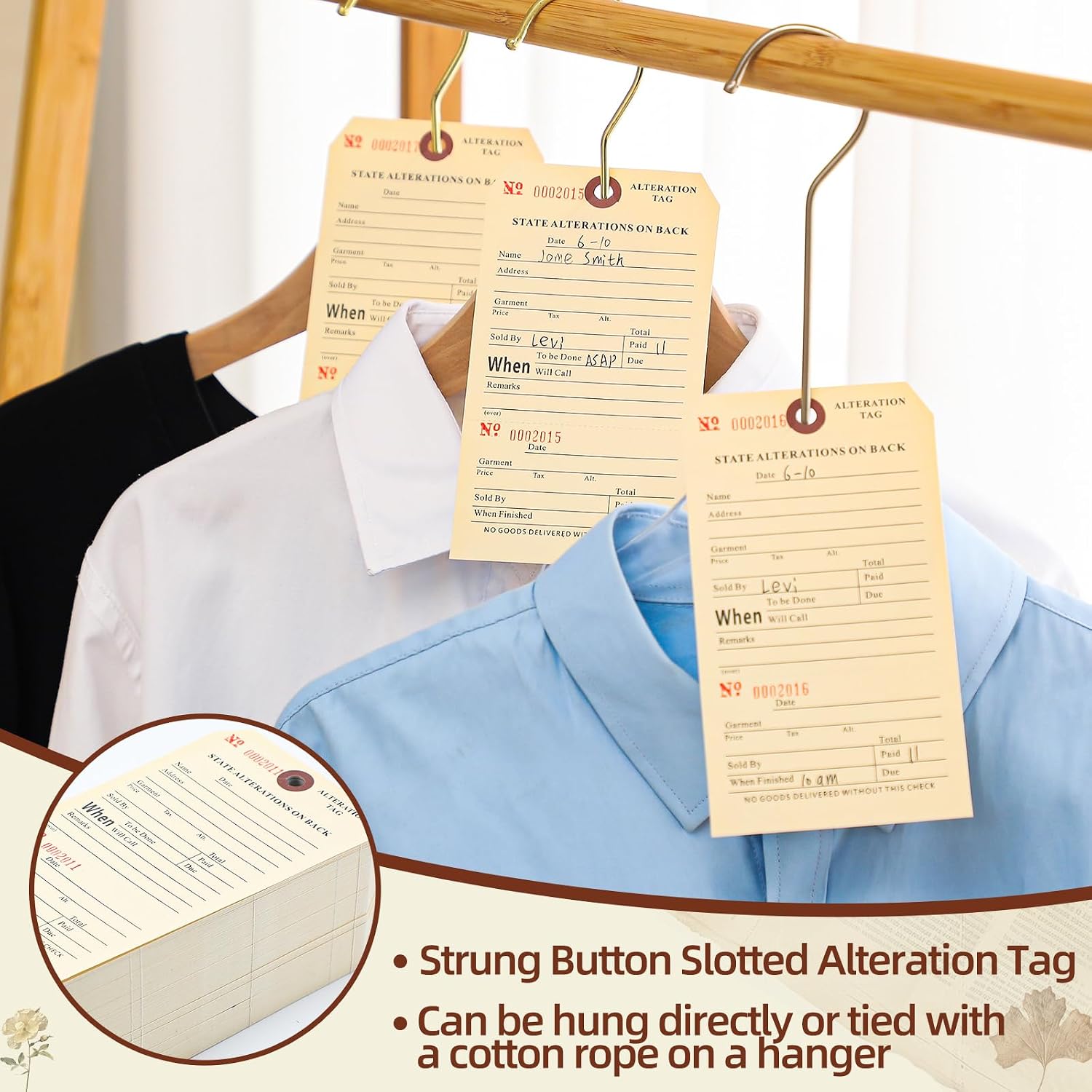 Fuyoooo 500 Pack Button Slotted Alteration Tag with Attached String 3.5 x 6.25 Inches Manila Paper Numbered Repair Tags, Two Part, Two Sided