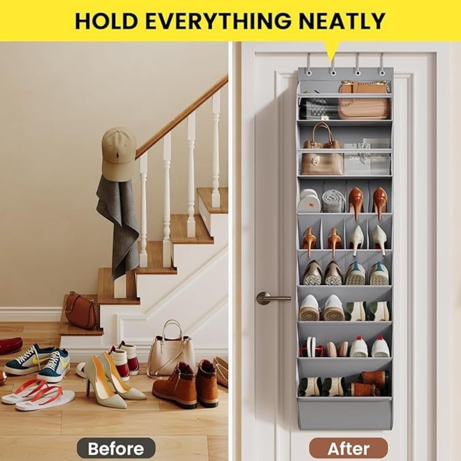 Zapatero para colgar sobre la puerta con 8 estantes para botas, solución de almacenamiento estrecha para el hogar y el apartamento, bolsillos profundos para artículos esenciales diarios, color gris