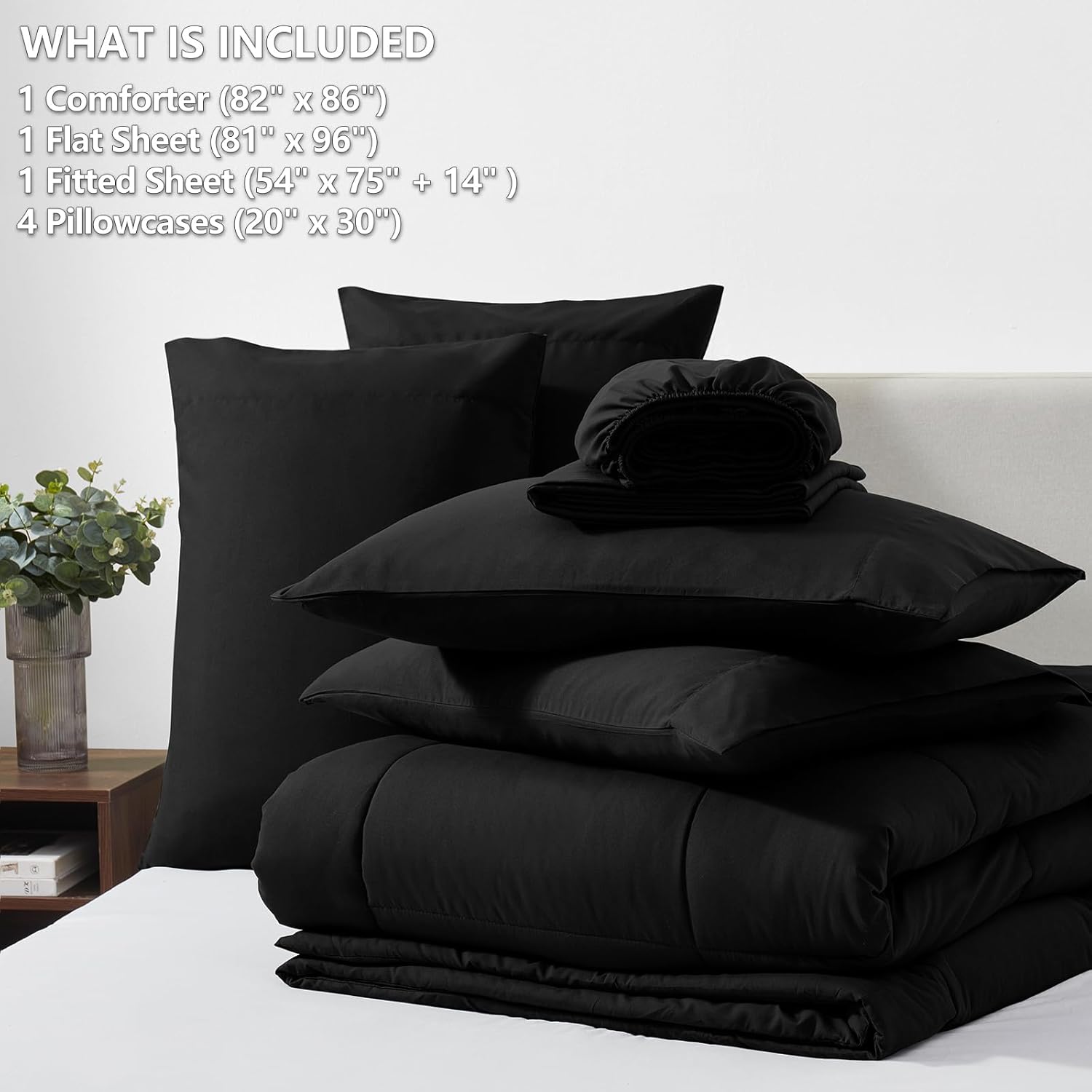 CozyLux Full Size Comforter Sets Black, 7 Pieces Bed in a Bag, Black Comforter Full Size, All Season Bedding Sets with Stitch Quilted Comforter, Flat Sheet, Fitted Sheet, Pillowcases - Image 6