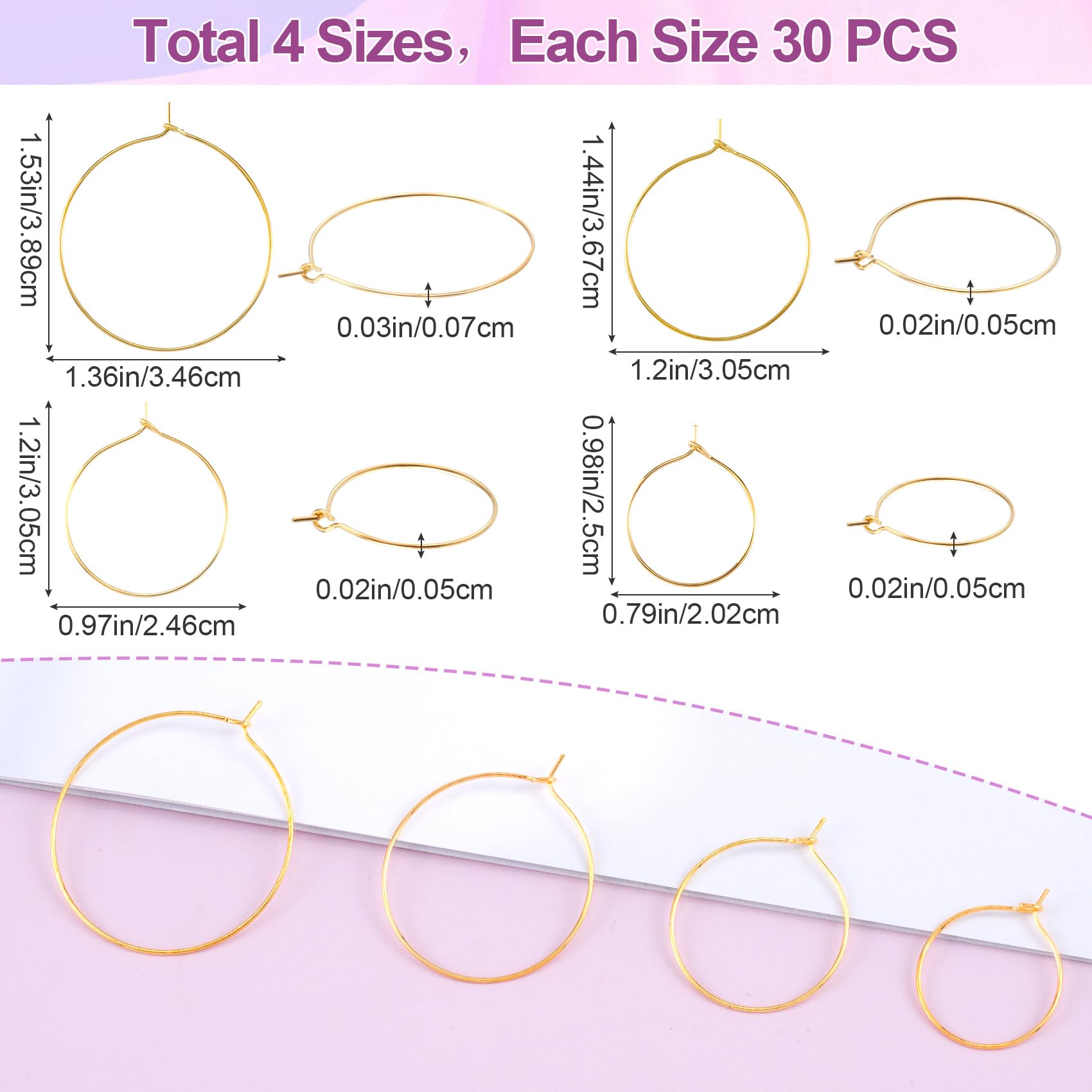 OIIKI 120PCS Earring Beading Hoops for Jewelry Making, 4 Sizes Gold Plated Hoop Earring Findings, Open Hoops, Metal Earring Rings, Round Earring Beading for DIY Jewelry Crafts for Women
