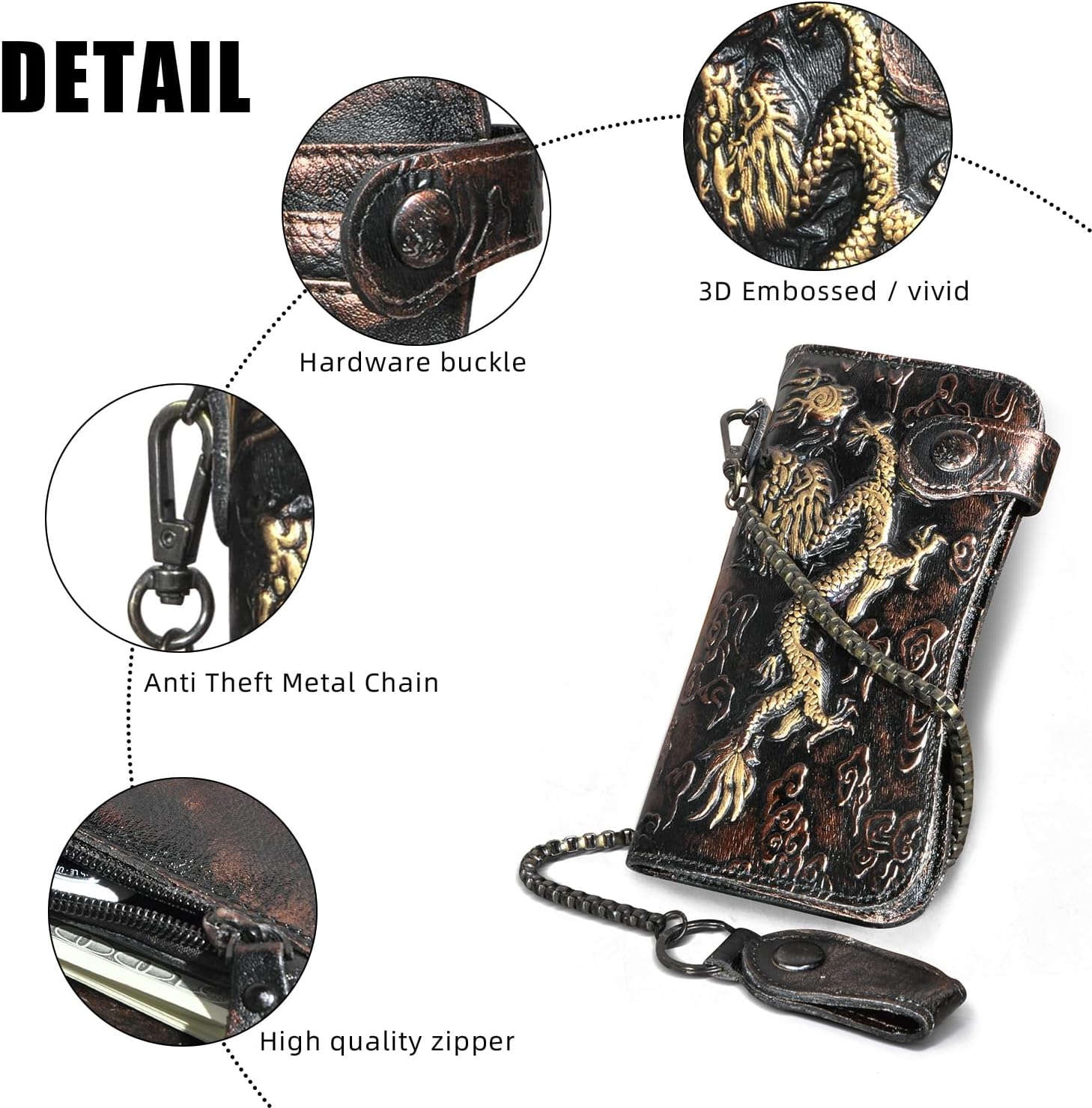 Genuine Crazy Horse Leather Travel Gift Coin Pocket Card Case Long Organizer Chain Rfid Wallet Purse With Snap For Men Male 1088 (1088 Coffee) - Image 6
