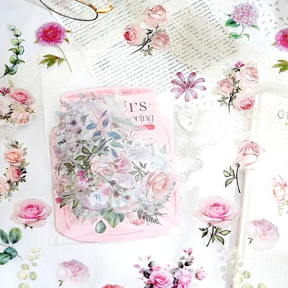100 Pcs Pink Flower Stickers for Scrapbooking Junk Journal Notebook Diary Planner Letter Card Making Collage Envelope Water Bottle Phone Case Craft Decoration (Pink)