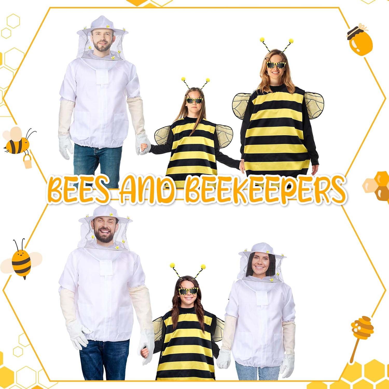 Halloween Bee and Beekeeper Costume Adult Couple Costume Beekeeper Jacket Suit Bee Dress Headband for Women Men