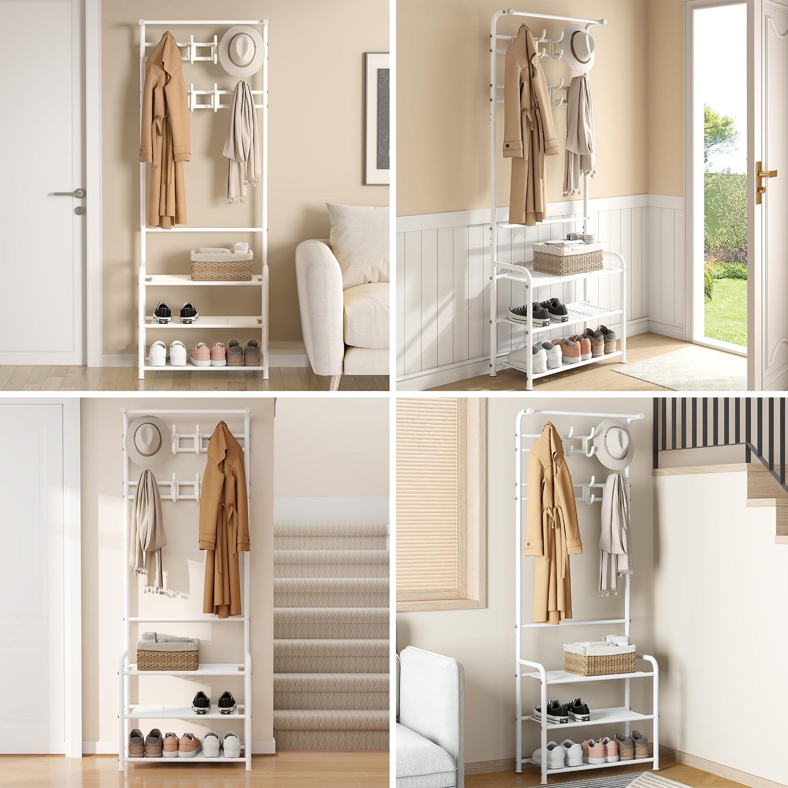 Innotic Appendiabiti con Scarpiera 3 in 1, 16 Ganci Rimovibile Attaccapanni | Stabile Appendiabiti Ingresso Salvaspazio, Mobile da Ingresso Moderno, Appendiabiti da terra per Camera letto, Bianco