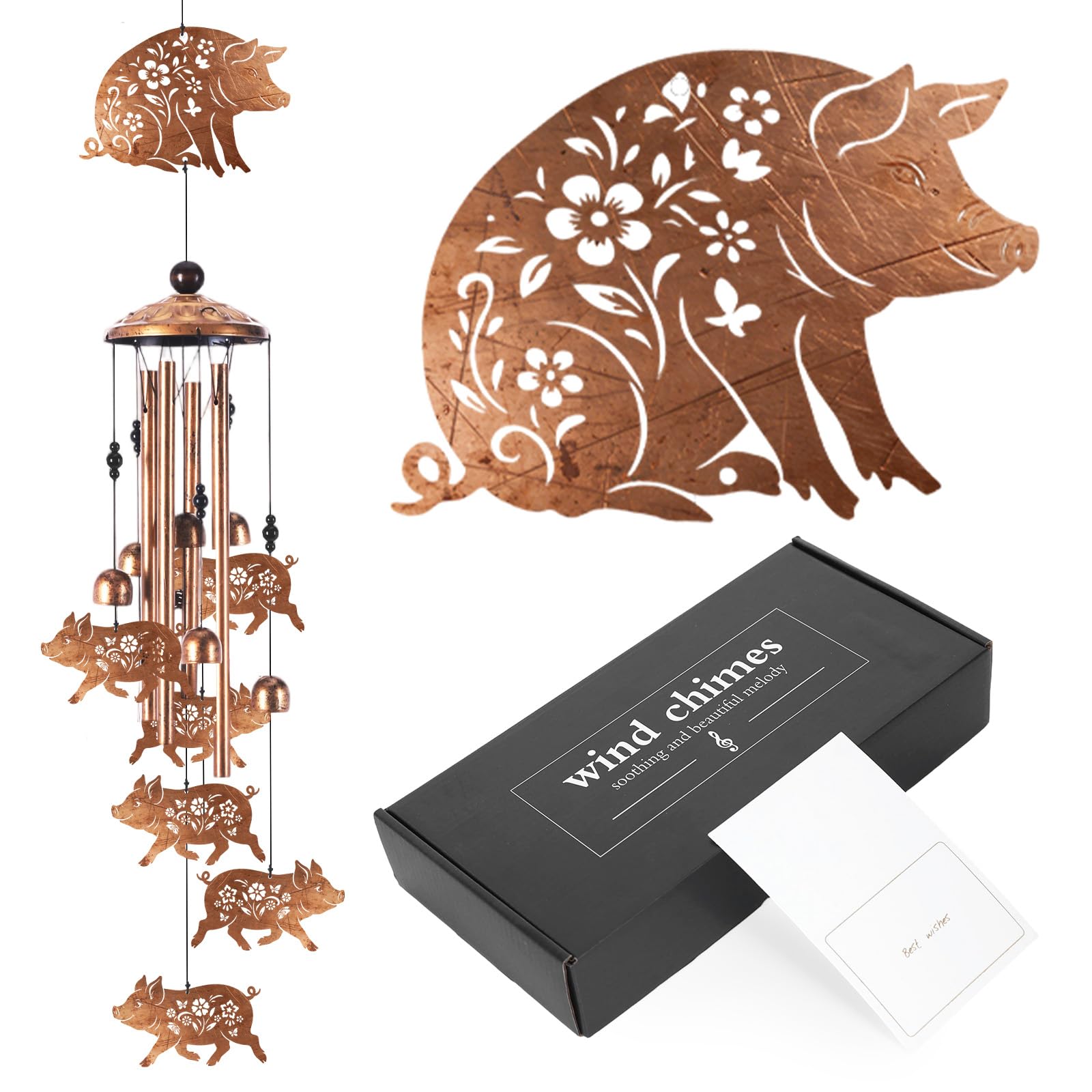 Riletese Wind Chimes for Outside, Pig Gifts for Women Men, Memorial Wind Chimes with 4 Aluminum Tubes, Farmhouse Decor for Garden Patio Porch, Includes Card & Box