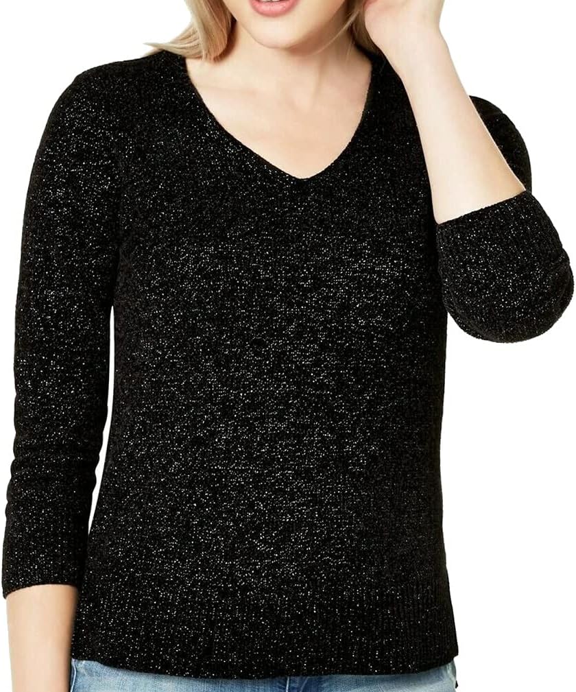 Maison JulesWomens Chenille V Neck Pullover Sweater Black Small