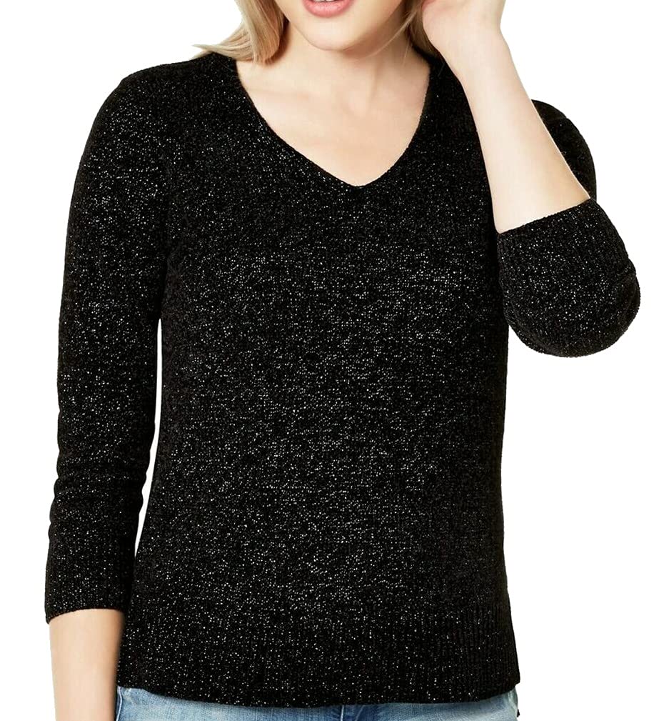 Maison JulesWomens Chenille V Neck Pullover Sweater Black Small