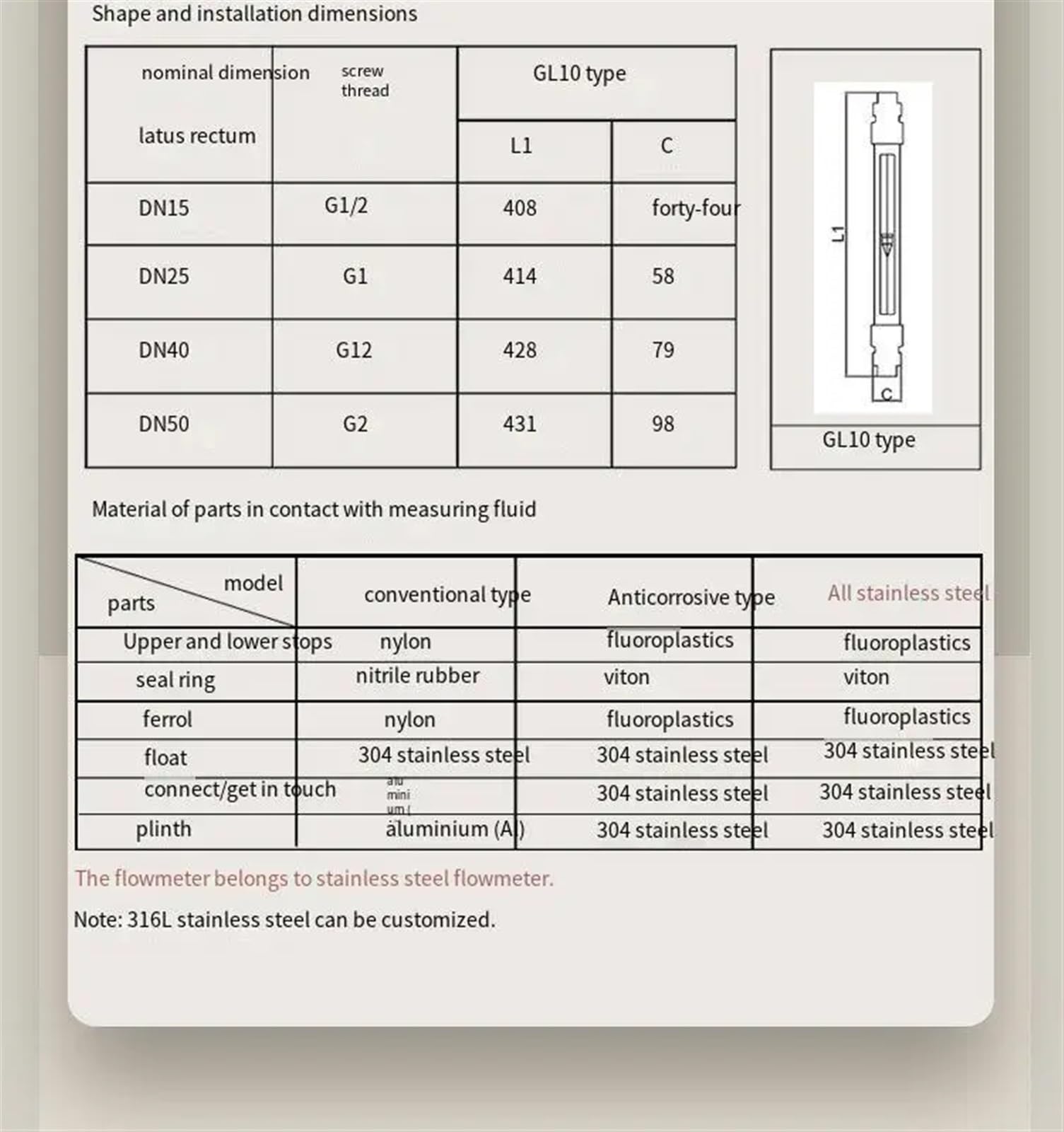 Medidor de Flujo de Rotor de Vidrio de amoníaco líquido, corrosión y Alta Temperatura, DN15, 1 ud.(Liquid6-60L H)