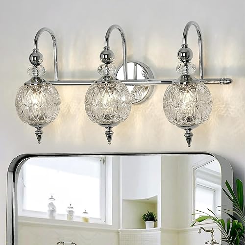 Miniatura 6 de Moderna lámpara de baño cromada pulida con pantalla de globo de cristal, 3 luces de mediados de siglo, bombilla G9, aplique de pared para