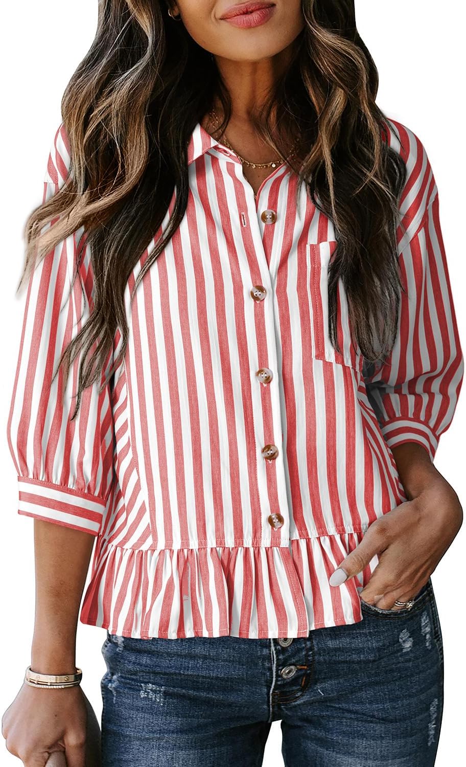 Dokotoo Cropped Button Down Striped Shirt 3/4 Length Sleeve Womens Tops Dressy Casual Blouses Babydoll Tops