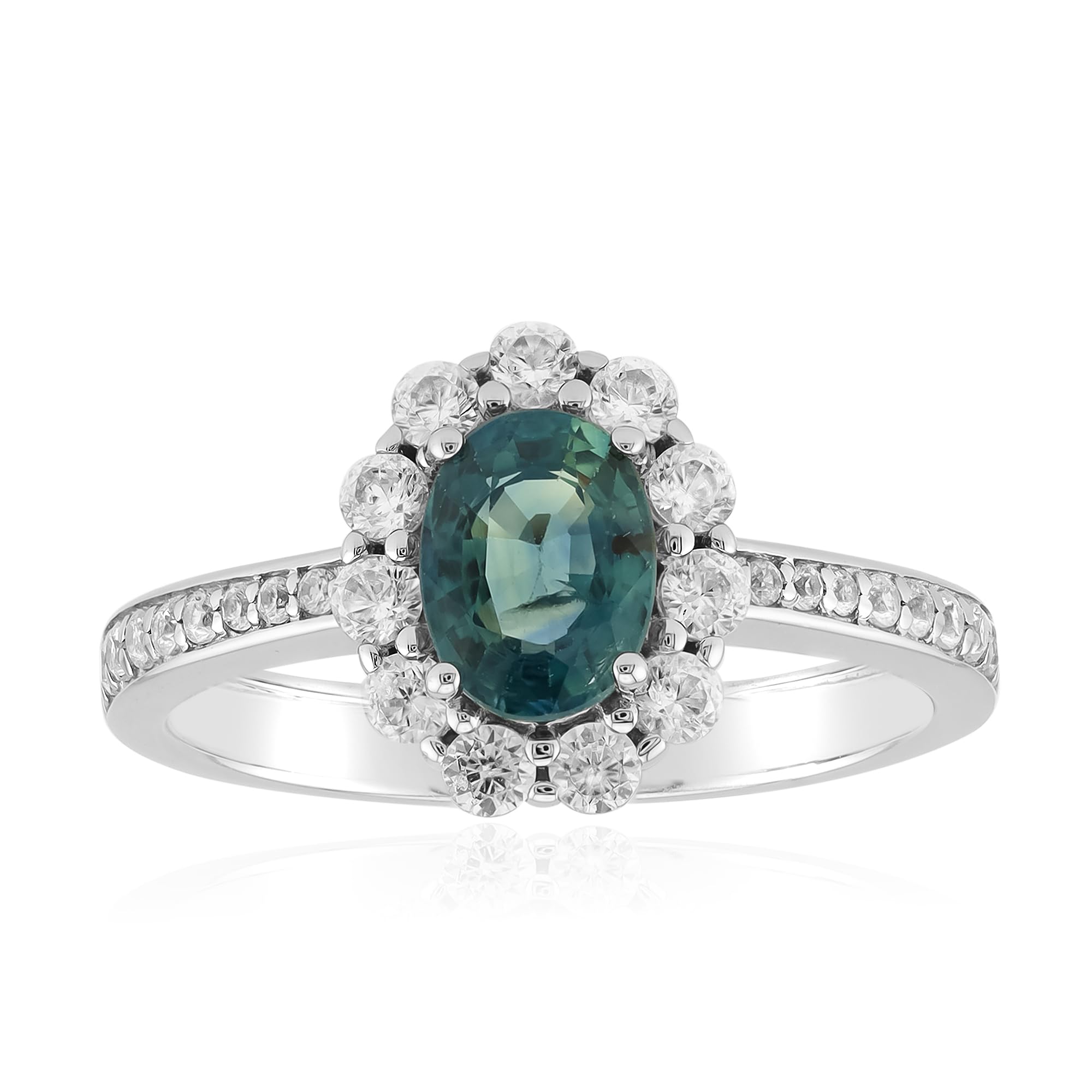 Cavill Petrolfarbener Saphir Ring 0,987 ct Ovalschliff mit 925er Sterlingsilber Platin Beschichtung und funkelnden kambodschanischen Zirkonen im Silberring für Damen