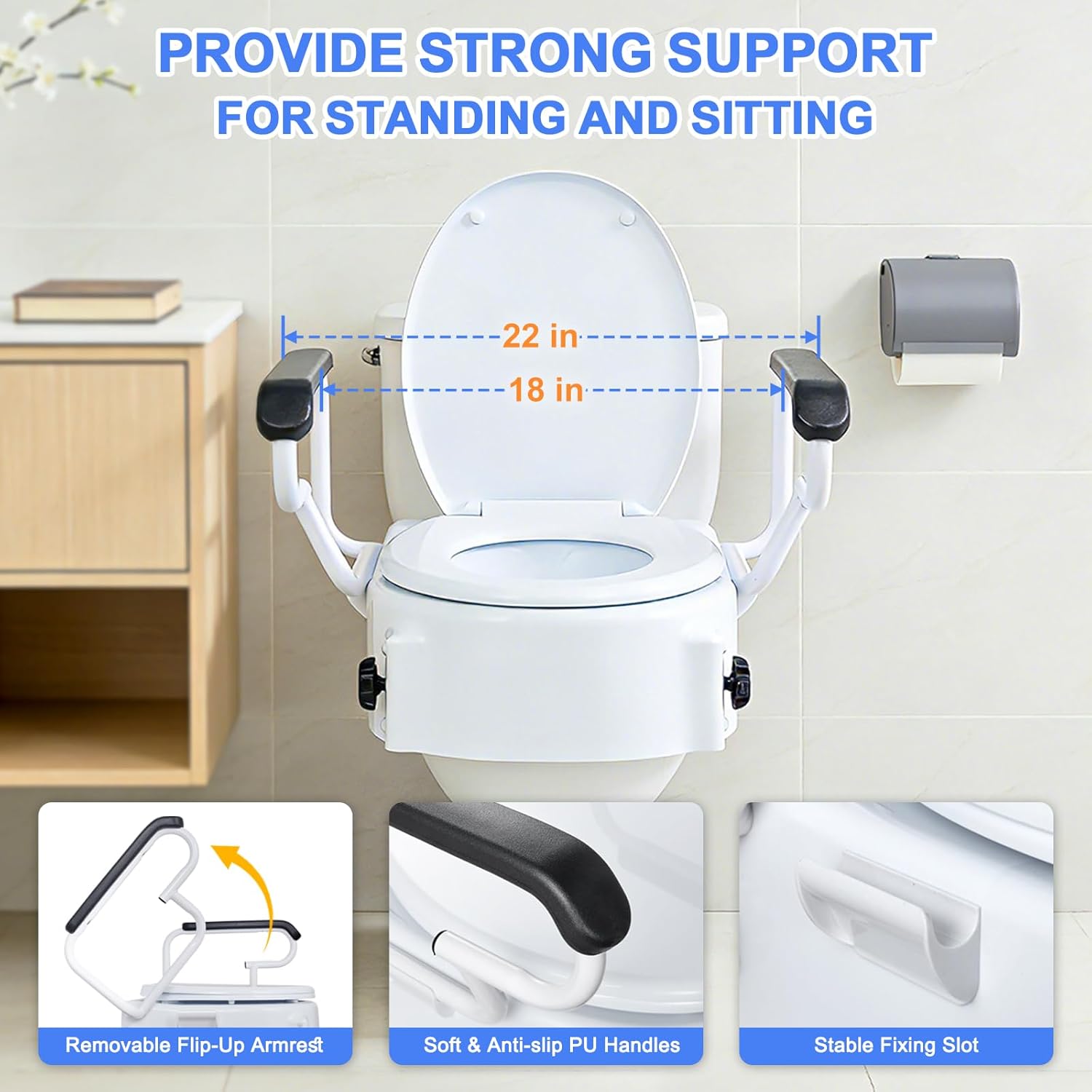 Raised Toilet Seat with Handles - Adjustable Height - Add 5 inches - Toilet Seat Risers for Seniors - Supports 300lbs - for Standard/Round Toilet, Includes Lid, Elevated Toilet Seat, White
