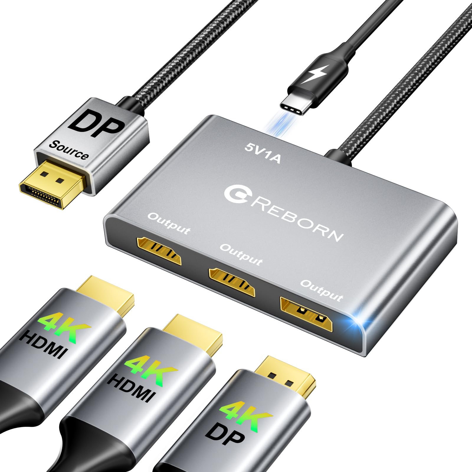Reborn Répartiteur DisplayPort vers double HDMI et adaptateur DP 4K @ 60 Hz, source DP vers 2 HDMI et adaptateur DisplayPort 1 entrée 3 sorties écran étendu avec PC, carte graphique, Lenovo, HP et