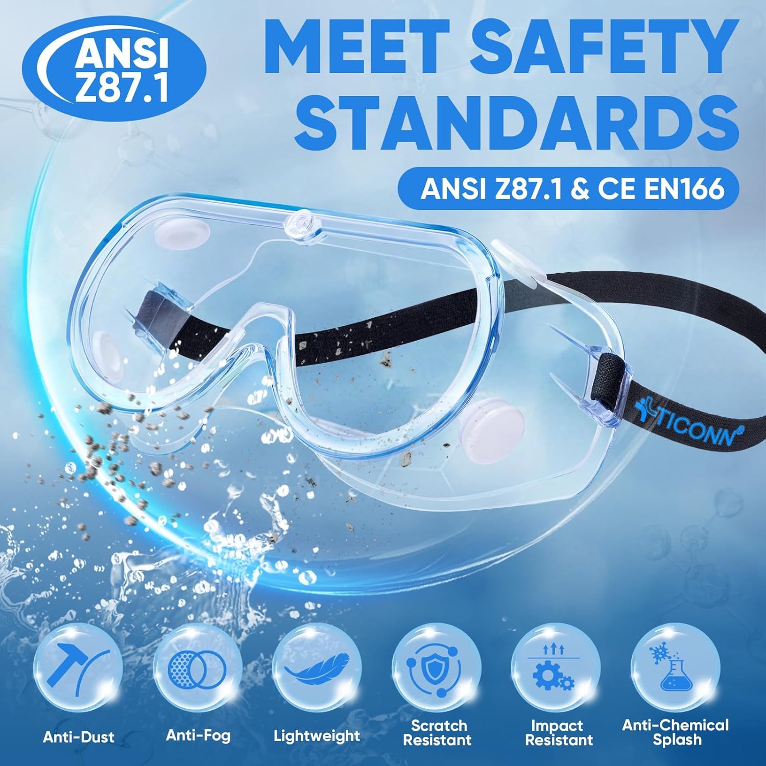 TICONN Anti-Fog Safety Goggles, HD Clear Eye Protection, ANSI Z87.1 Lab Goggles for Chemistry, Industrial - Image 2