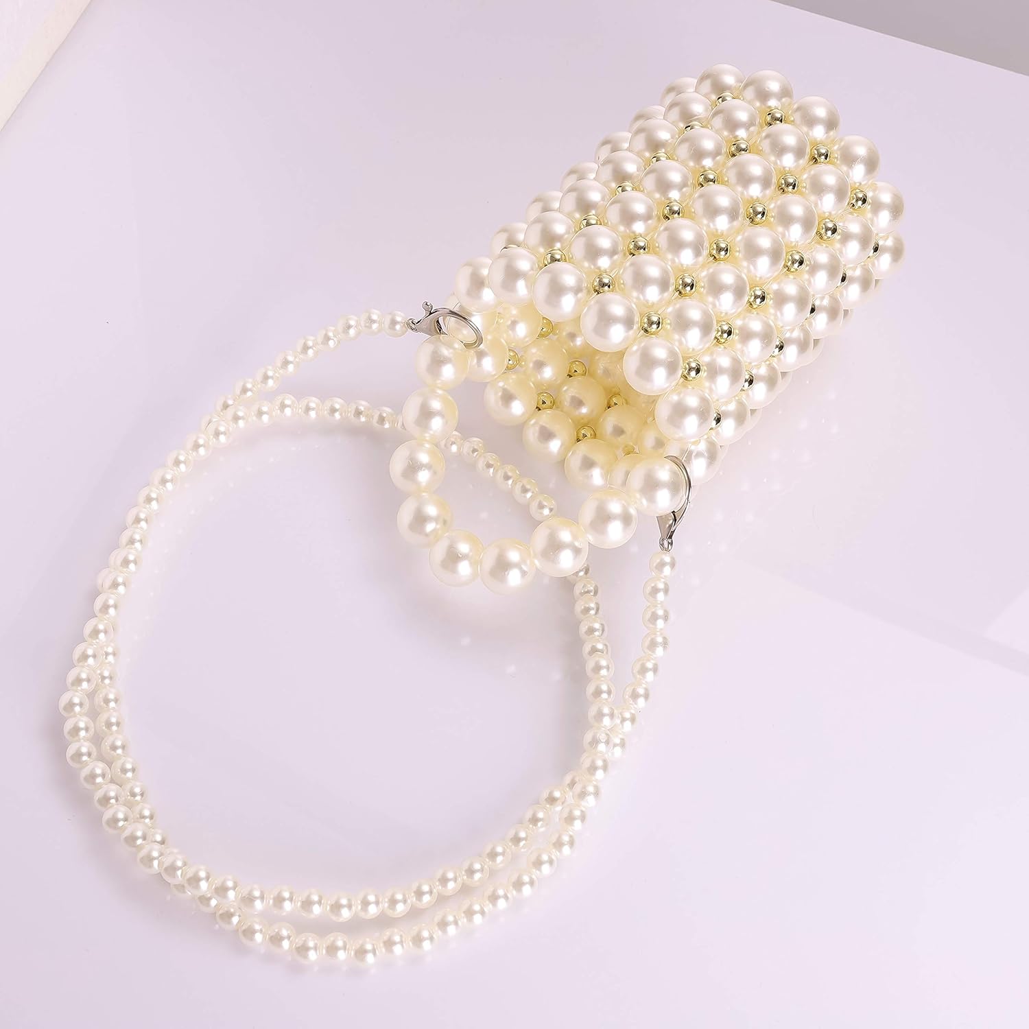 Abvokury YUSHINY Beaded Handbag for Women White Pearl Decoration Evening Bags with Detachable Chain Inner Bag Medium - Image 9