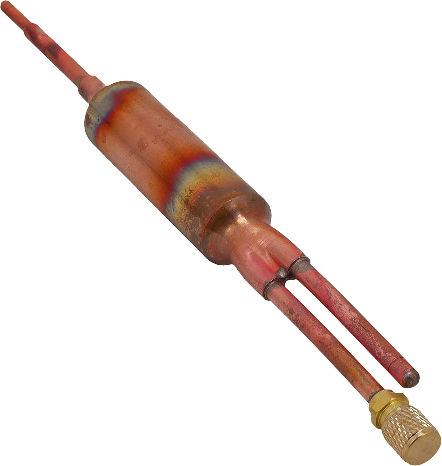 Supplying Demand D111 Copper Spun Refrigeration Filter Drier - 1” Charging Drier. ¼” O.D., ¼” Flare Inlet, ¼” O.D. or Cap Outlet. 9 ⅝” Length. R134A: 3/4t, R22 1t.