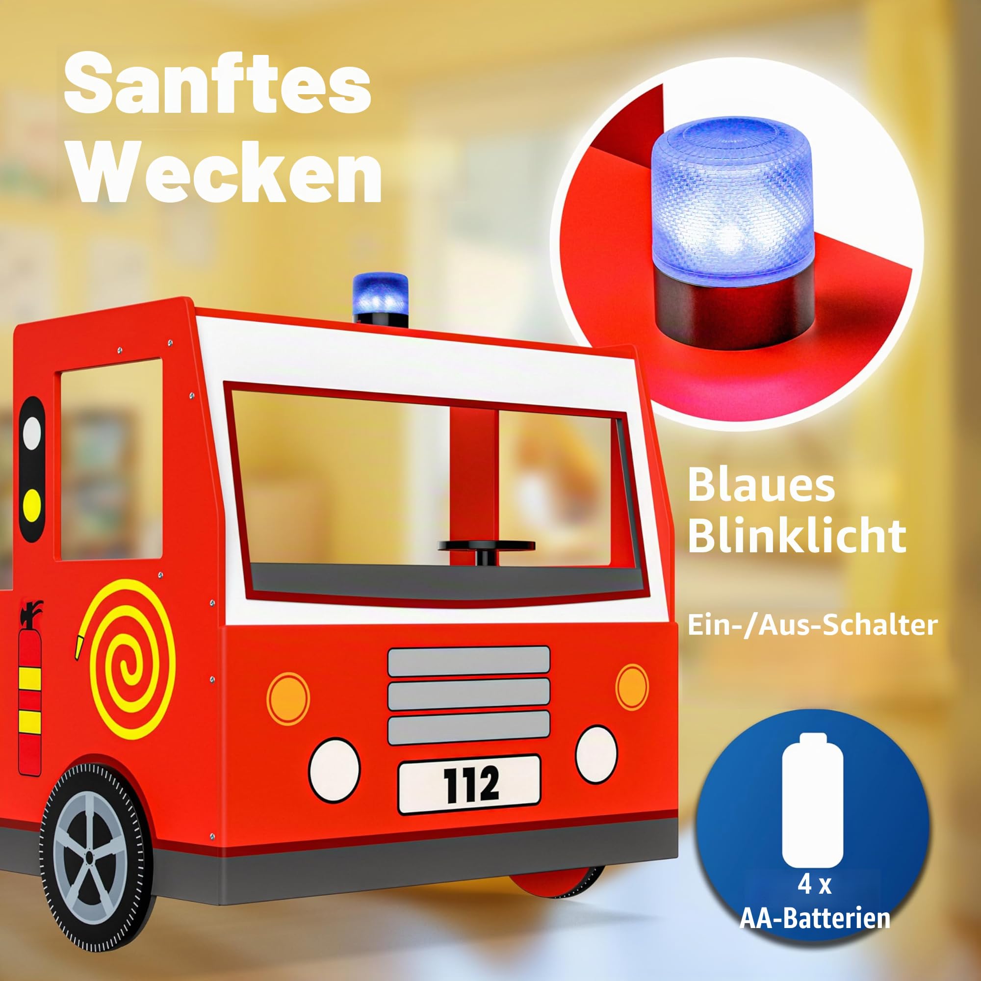 CASARIA Kinderbett 90 x 200 cm mit Rausfallschutz Lattenrost 120 kg | Bis 120 kg belastbar, stabiles MDF-Verbundholz, mit Echtlicht Sirene, 3D Lenkrad, Feuerwehr-, Jugend-, Auto- Bett