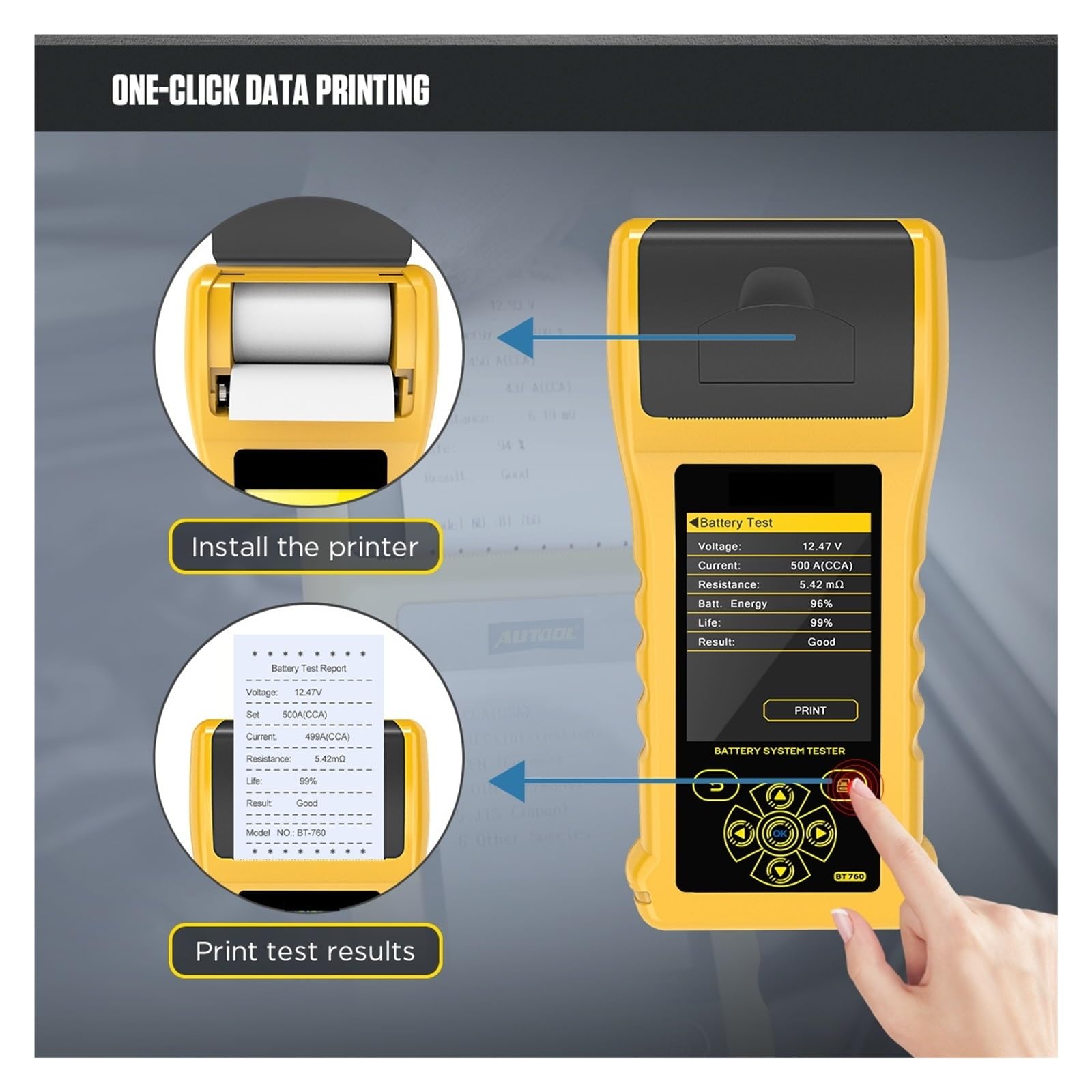 Comprobador de Carga de batería, Probador de batería de Coche BT760 con Impresora térmica, Prueba de Carga máxima de Carga de Arranque de batería multilingüe for vehículo ，función de protección