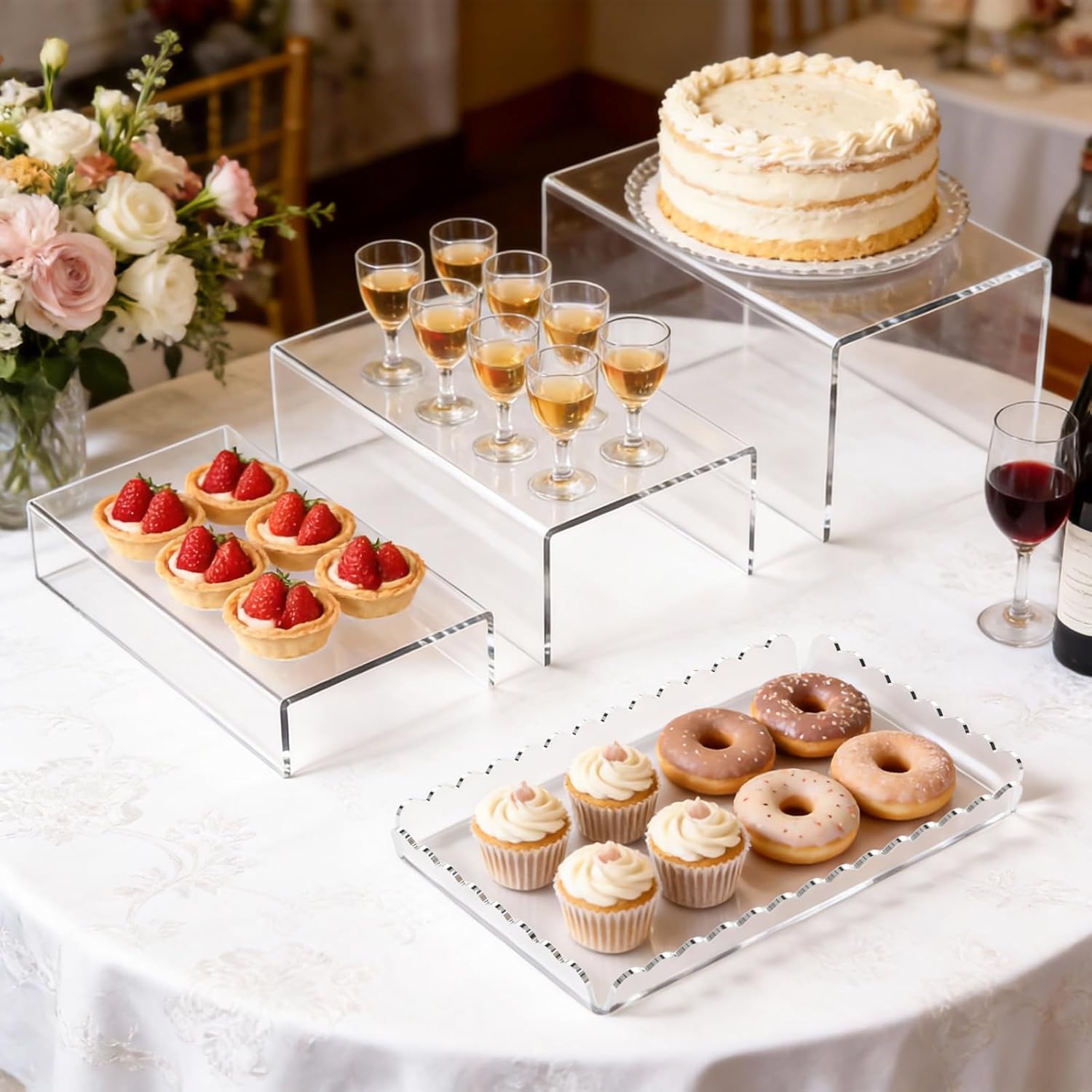 Acrylic Buffet Risers, Food Risers for Buffet Table, Clear Acrylic Risers Display Stand with U Shaped for Catering Supplies, Scalloped Acrylic Serving Tray for Cupcake, Dessert and Party (Clear 4 PCS)