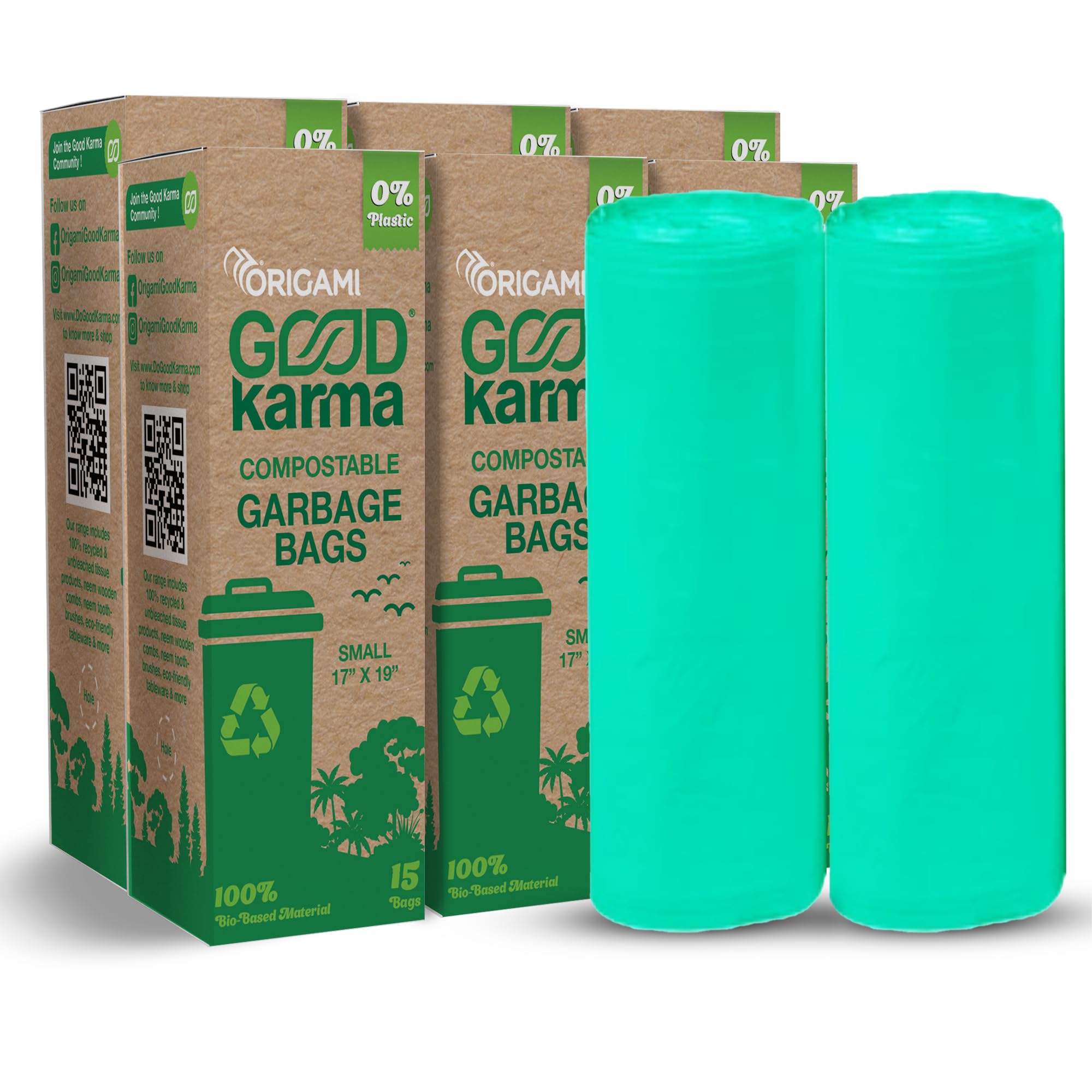 Good Karma Compostable & Eco Friendly Garbage Bags | 17 x 19 Inches Small Pack of 6 | (15 Bags per Pack) For Dry & Wet Trash (Green)-image-33
