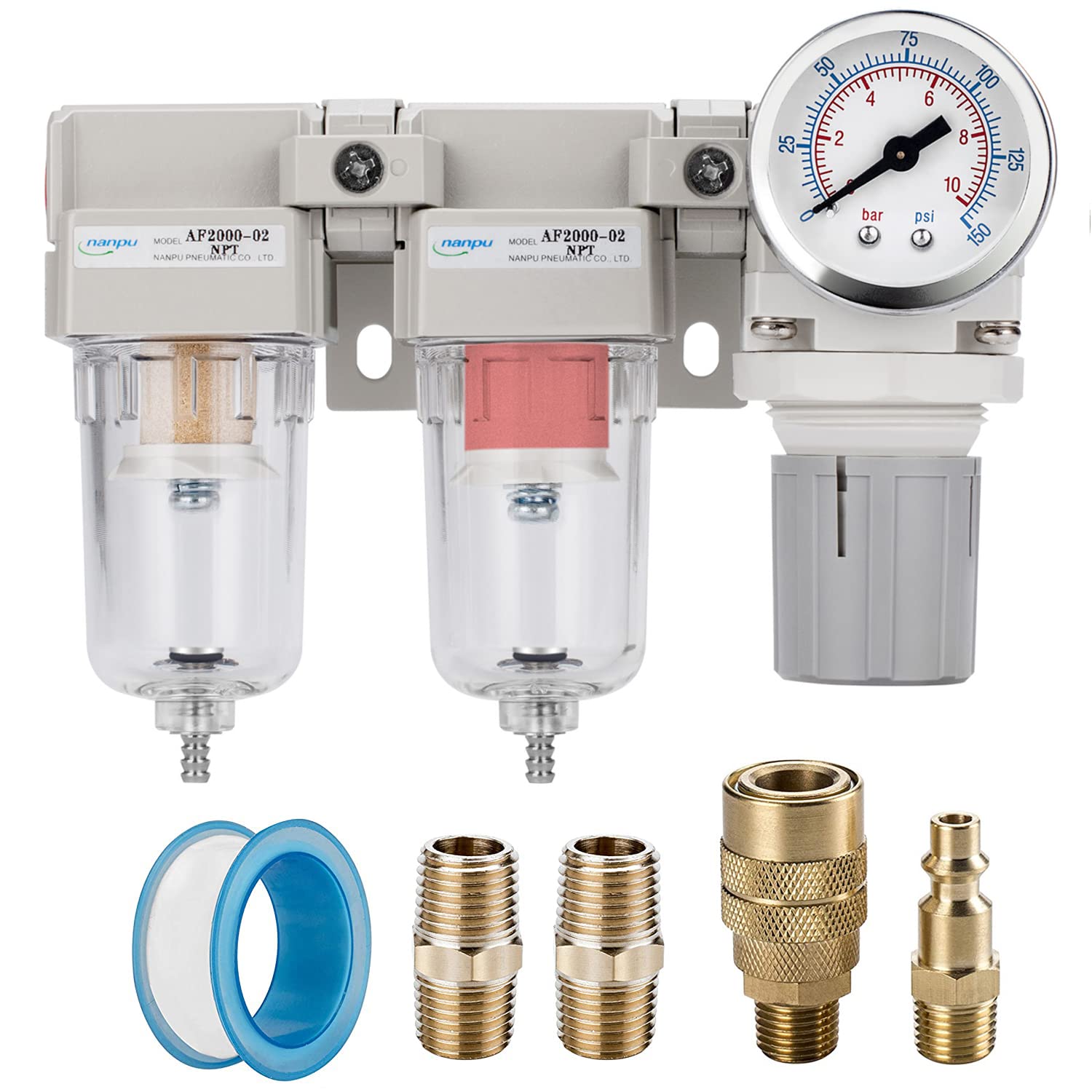 NANPU DFR-03 3/8" NPT Air Drying System - Double Air Filters, Air Pressure Regulator Combo - Semi-Auto Drain, Poly Bowl — Amazon image 9