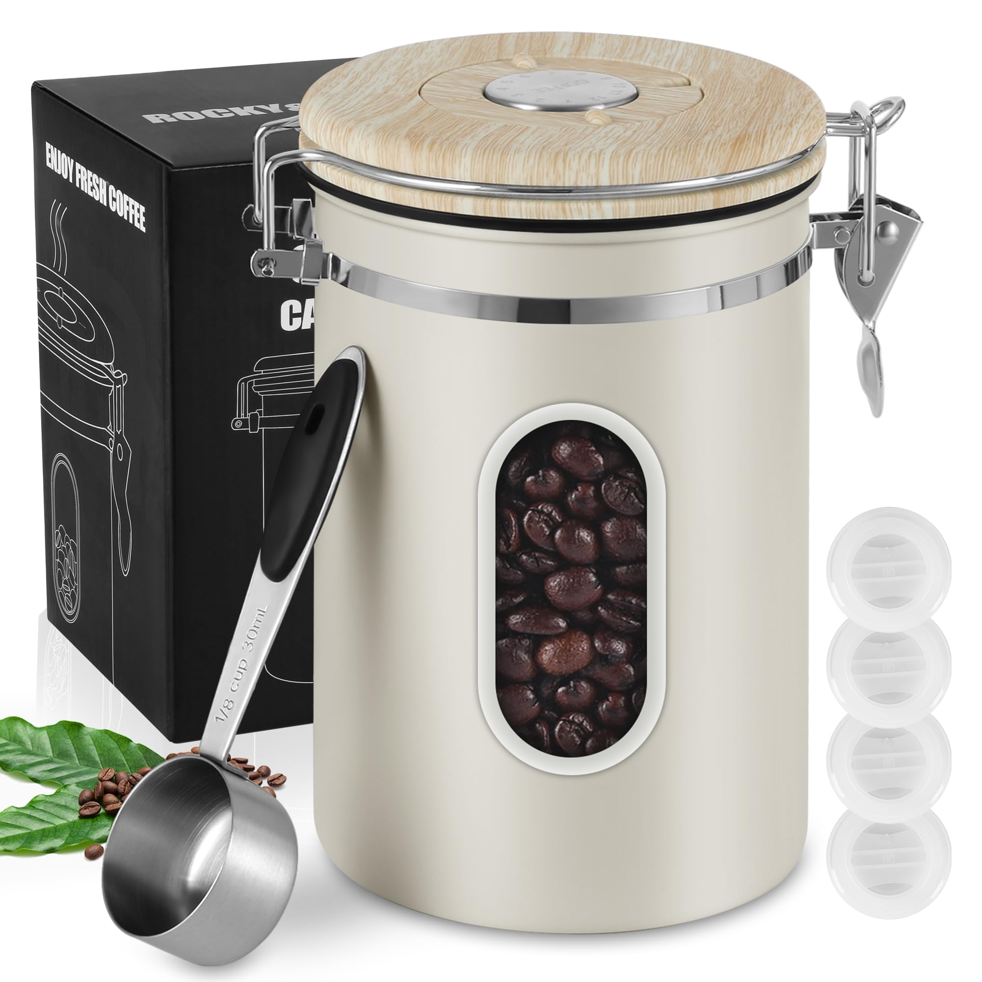1800ML Airtight Coffee Canister with Date Tracker&amp;Transparent Window, 22.8OZ Coffe Beans Storage with 30ML Measure Spoon&amp;4 co2 Valve, Coffee Container for Grounds Coffee, Beans, Tea, Sugar(Beige)
