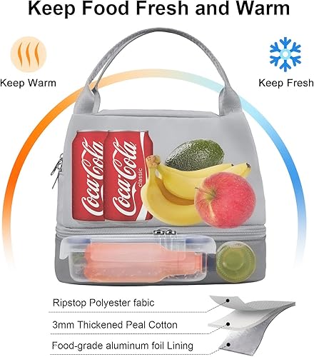 Miniatura 4 de Lonchera de doble compartimento, bolsa de almuerzo gris para mujer, bolsa de almuerzo pequeña para el trabajo, bolsa ligera para picnic
