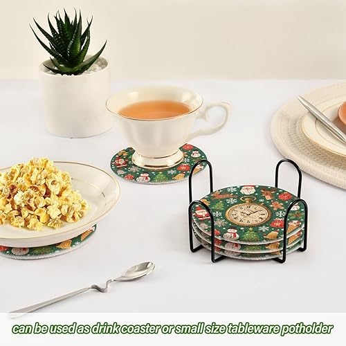 Miniatura 6 de Merry Christmas Vintage Pocket Watch Green Coasters Absorbant Set with Holder 6 Pack Drink Coasters for Home Posavasos para Mesa