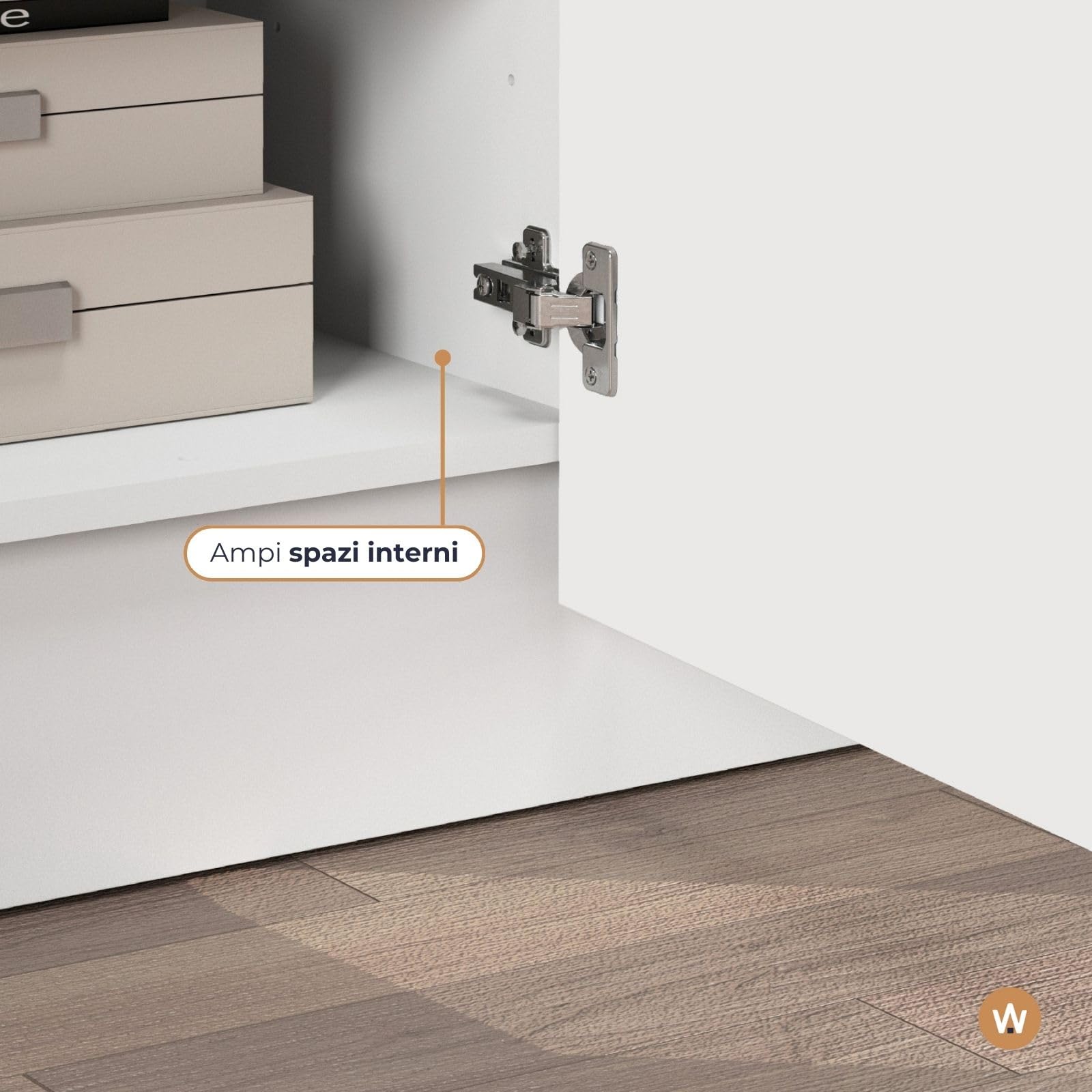WHOUS Mobile Porta TV VELA per Soggiorno con 4 Ante e 2 Vani Interni, Mobile Tv per Salotto in Legno, 180x35x45,4 cm, Bianco Lucido