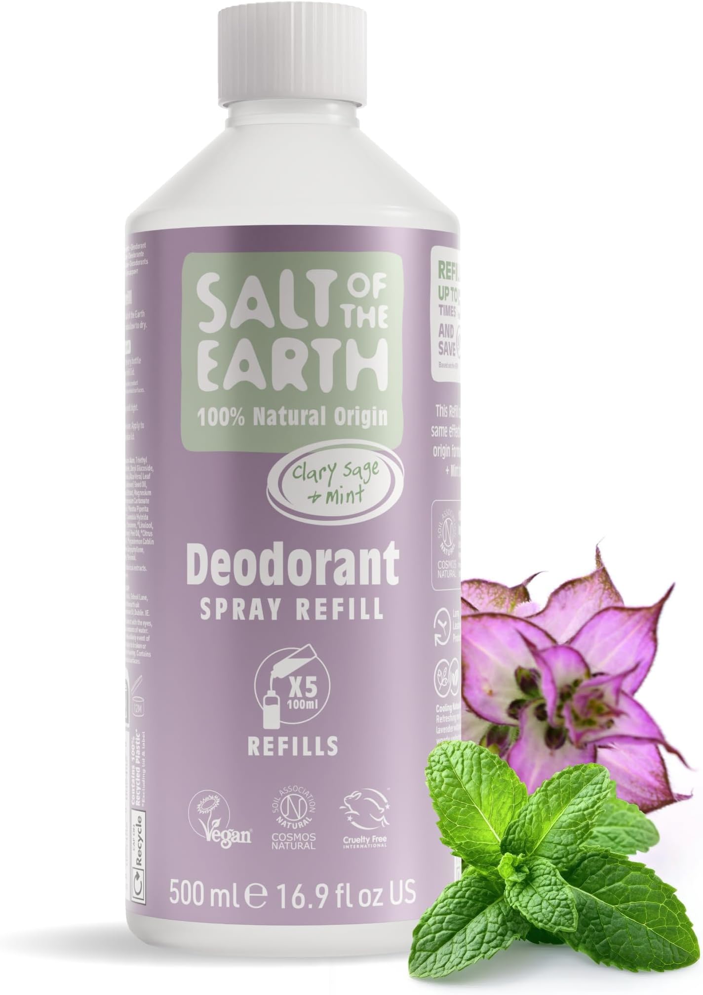 Natural Deodorant Spray Refill - Clary Sage & Mint - 100% Natural Origin Ingredients - Vegan - Suitable for Men, Women & Children - 500ml