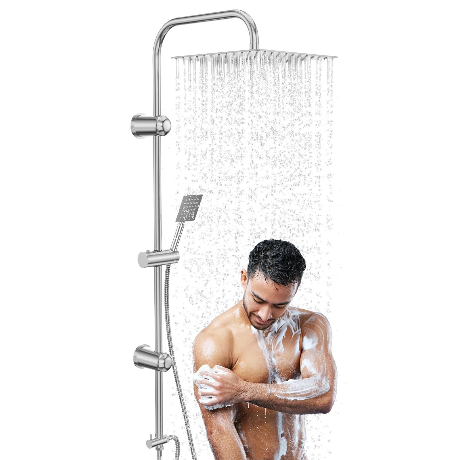 Columna Ducha Completa sin Mezclador, Duchas de Baño Columna en Acero Inoxidable, Cromado con Cabezal de Lluvia 30x30 cm y Soporte Ajustable