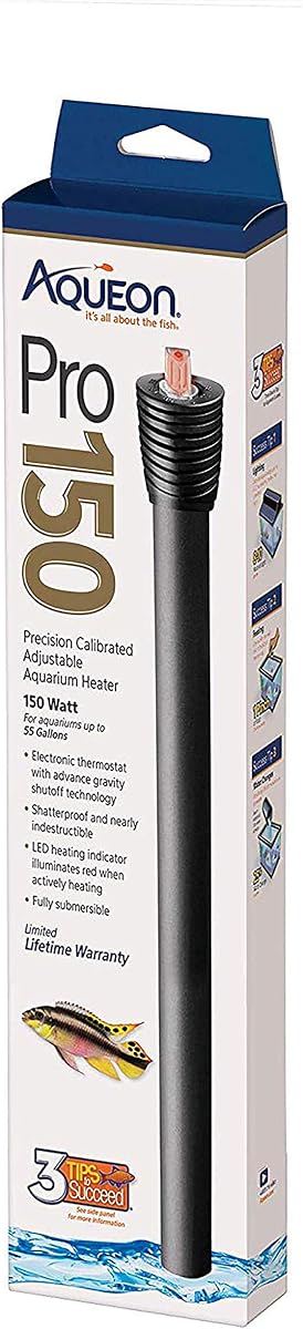 Calentador de acuario profesional ajustable Aqueon, 50 W | Calentador de acuario de 150 vatios, ajustable de 68 a 88 °F, apagado automático, para acuarios de agua dulce y salada