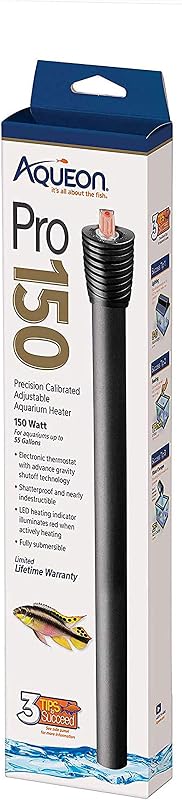 Calentador de acuario profesional ajustable Aqueon, 50 W | Calentador de acuario de 150 vatios, ajustable de 68 a 88 °F, apagado automático, para acuarios de agua dulce y salada