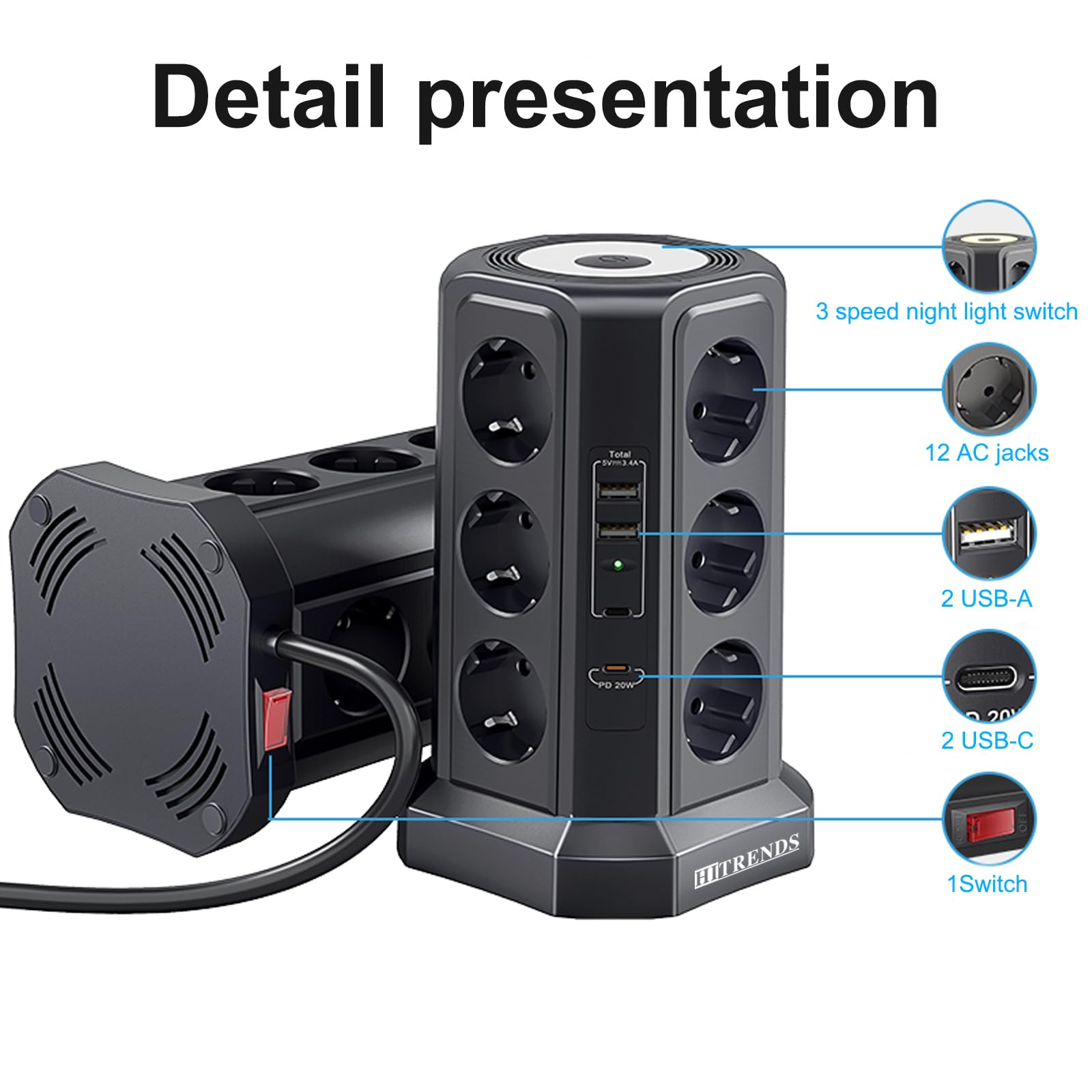 Ciabatta elettrica a 12 prese con 2 USB-A e 2 USB-C, 4000 W LED con interruttore, cavo da 1,8 m, torre con protezione da sovratensione (nero)