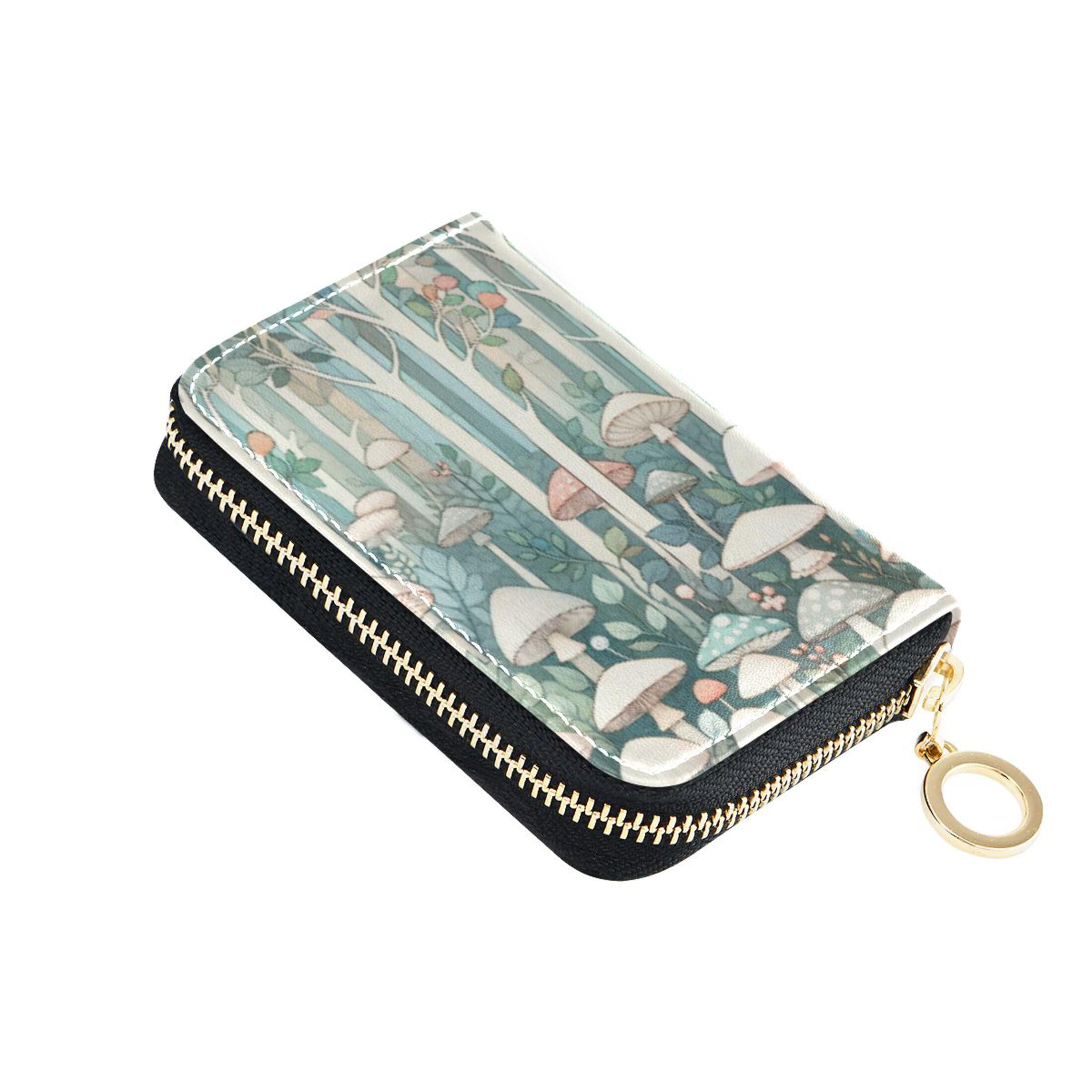 Burbuja Mushroom Forest Credit Card Holder for Women Men RFID Blocking, Leather Accordion Zipper Card Case Wallet 11 Slots