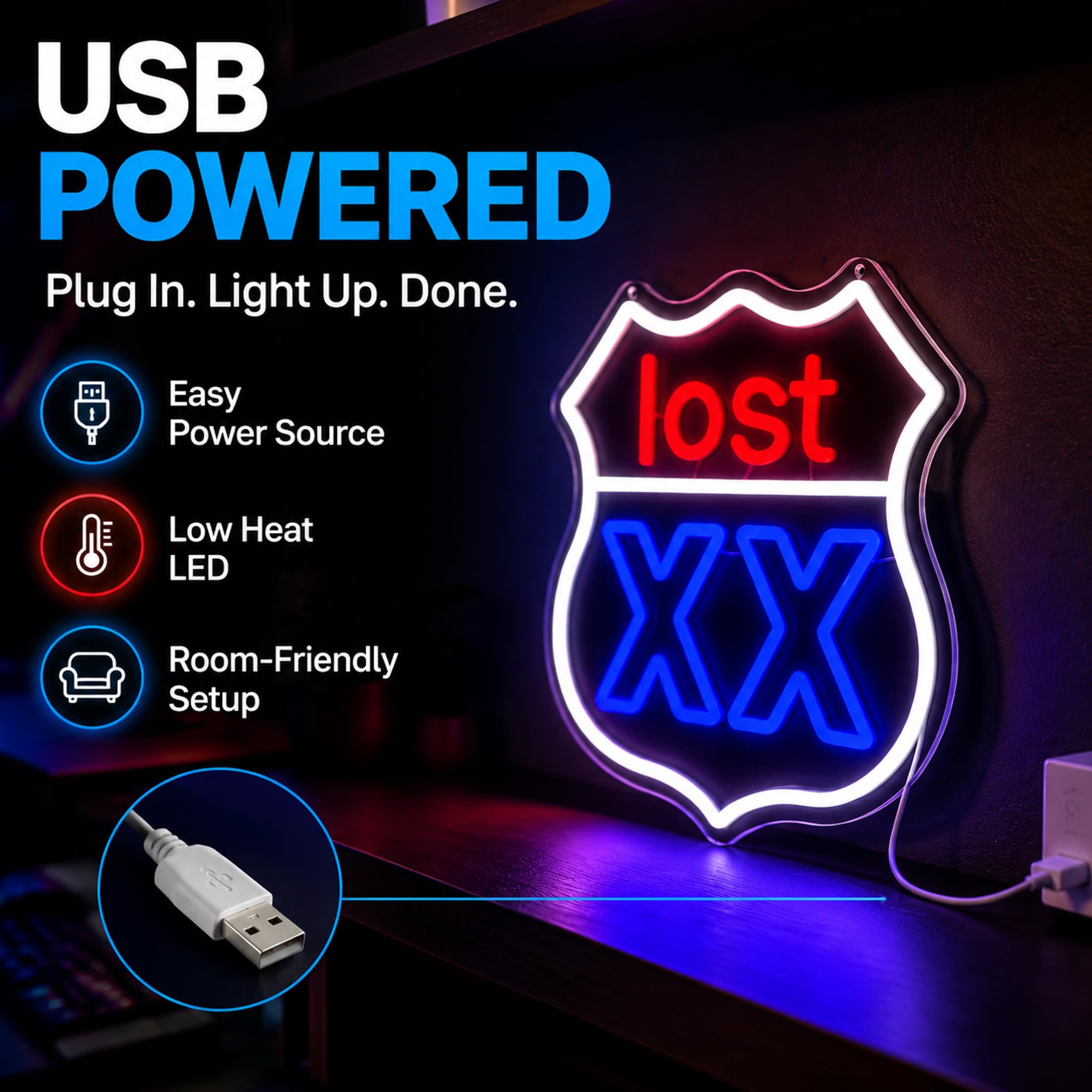 Lost XX Neonschild – 34 x 32 cm, rote und blaue LED-Wanddekoration mit Acryl-Rückwand, USB-betriebene Neonlichter für Spielzimmer, Männerhöhle, Bar, Schlafzimmer und Streetwear-Stil, Geschenk