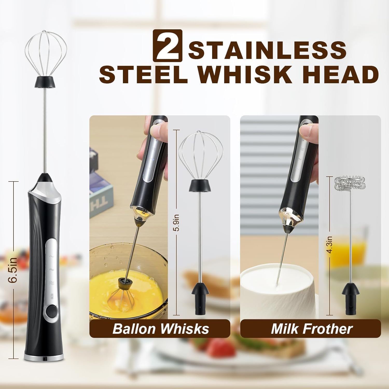 Mousseur à lait électrique portatif avec 2 têtes, fouet à café en mousse avec 3 vitesses rechargeable par USB, mélangeur pour latte, cappuccino, chocolat chaud, œuf (noir avec support)