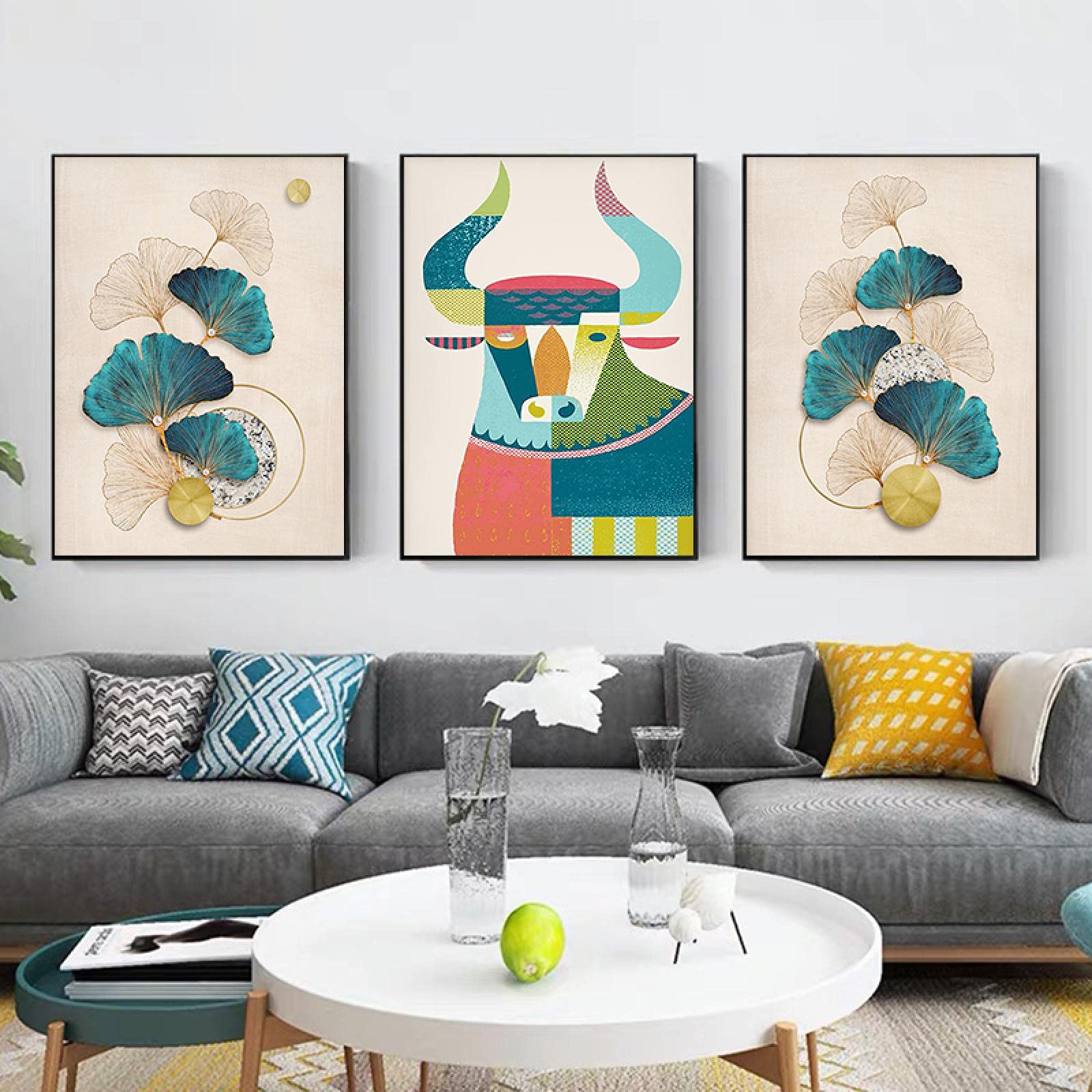 Peintures sur toile cerf feuille d'or 60x80cm triptyque design nordique pour salon moderne