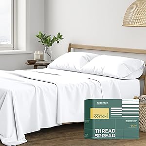 THREAD SPREAD 100% Organic Cotton Sheets Queen Size - 4 PC Organic Cotton Queen Size Percale Weave Sheet Set, Soft, Cooling, Crisp & Breathable, 16