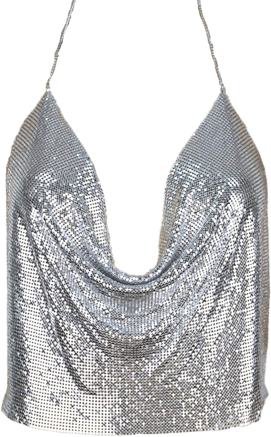 Croozy Women's Sexy Metallic Sequin Body Chain Shimmer Backless Halter Crop Top Adjustable Harness Bikini Chest Chain（Snake