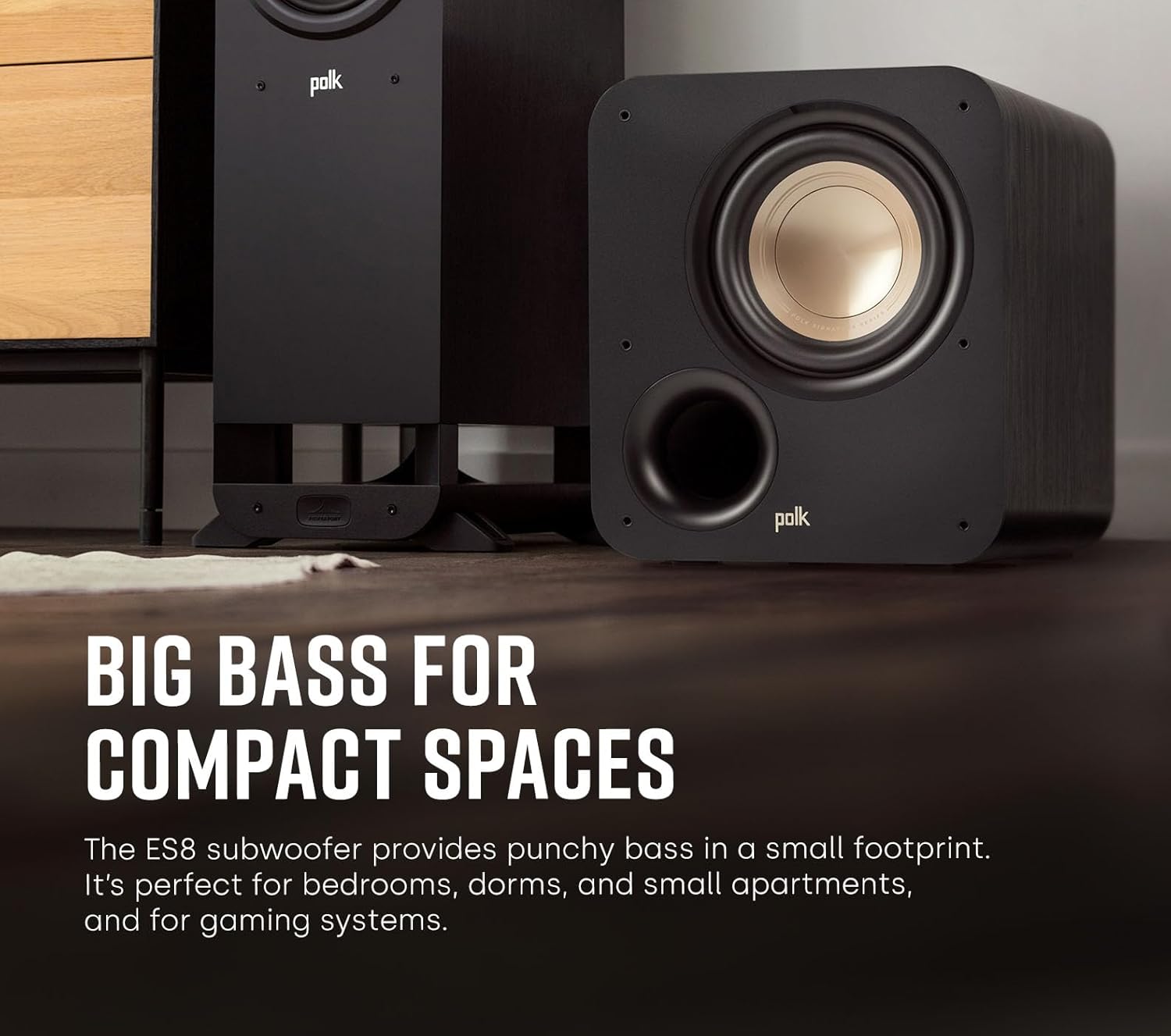 Polk Audio Signature Elite ES8 Powered Subwoofer (Black), 8" Long-Throw Woofer with Mineral-Filled Polymer Cone, 100W Class D Amplifier, Front Firing Home Subwoofer, Time-Smart Phase Control