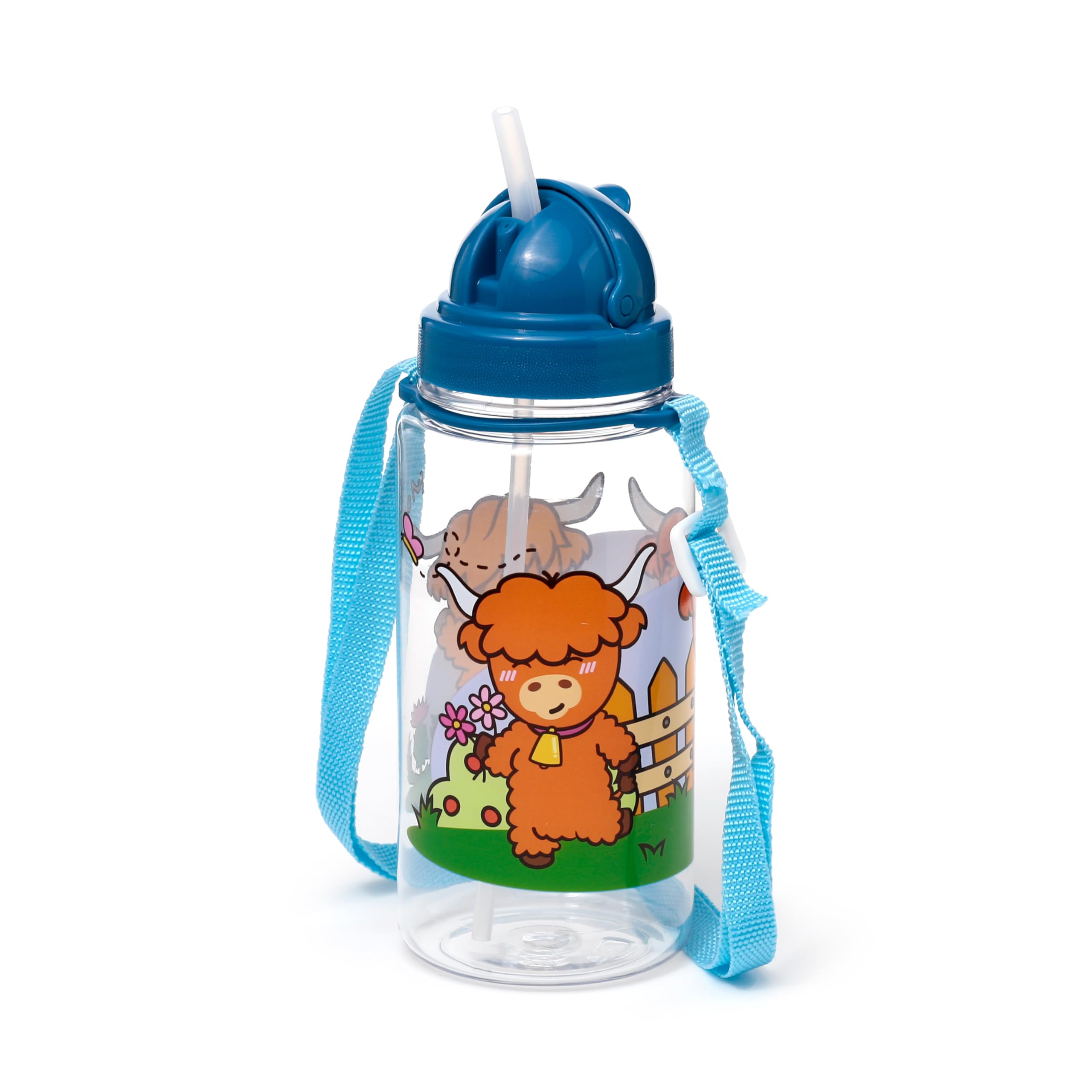 Puckator 450ml Children's Shatterproof Water Bottle Adoramals Highland Coo - Reusable Insulated Active Water Bottle Flask For Girls And Boys With A Carry Handle & Straw - Bpa Free For School Nursery