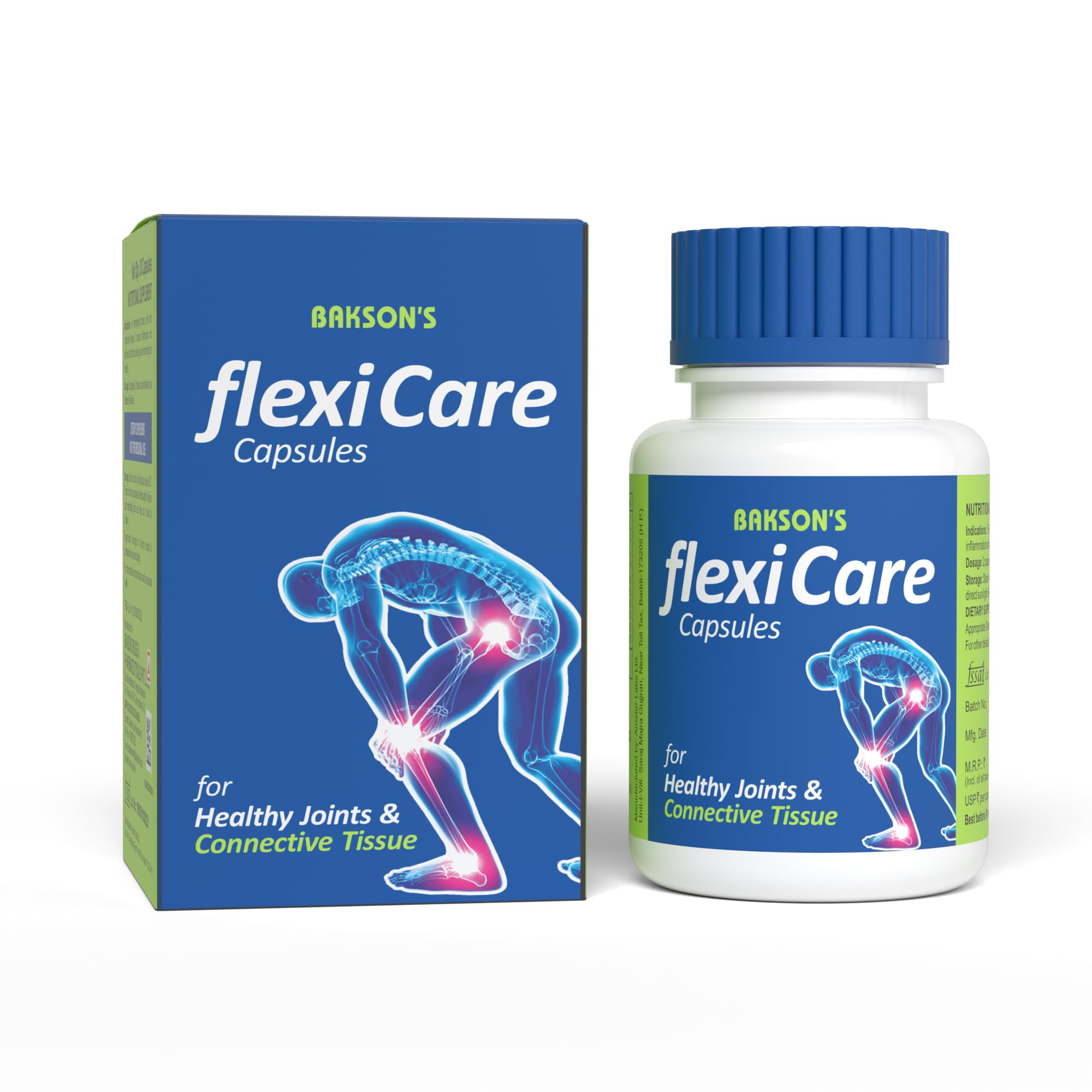 Bakson Flexicare Capsules For Strengthening Bones, Joints & Connective Tissues | Reduces Inflammation, Joint Stiffness, Improves Joint Mobility & Relieves Pain For Men & Women, 30 Capsules